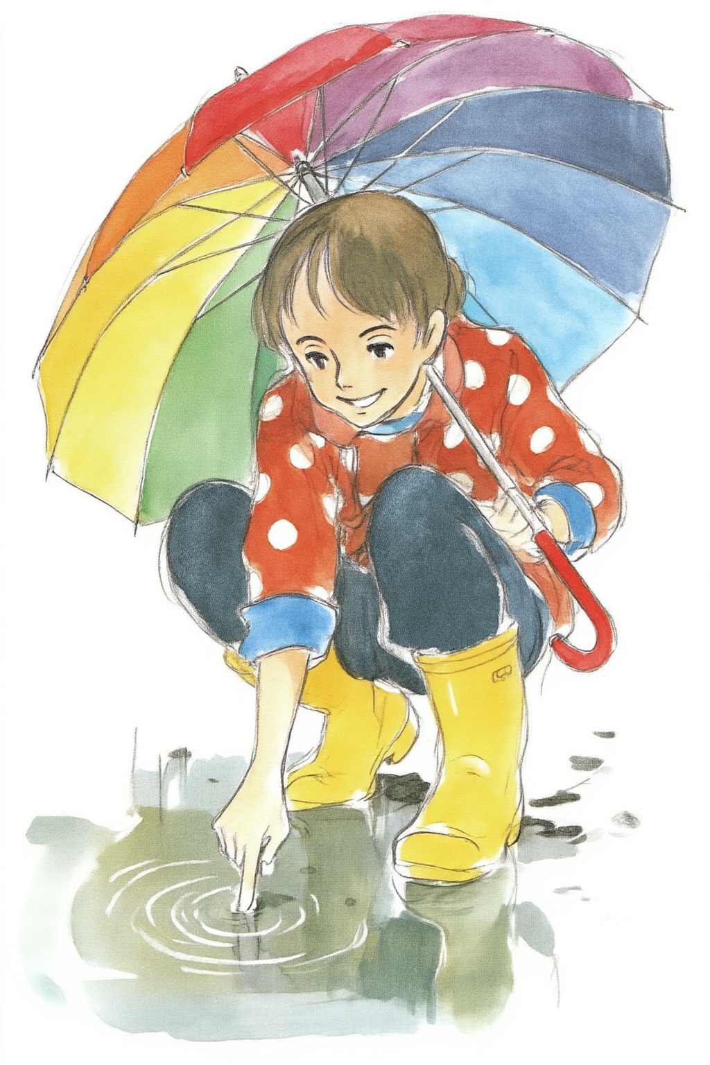 hayaomiyazaki4z20 watercolor illustration. 
A young woman, angled from slightly above and to the right, crouching low to the ground in a puddle. The young woman is wearing bright yellow rubber boots and a red jacket with white polka dots. The jacket sleeves are pushed up to reveal blue cuffs. The young woman also wears dark blue jeans and has a smile on her face as she extends her right index finger to touch the water in the puddle. She holds a large, open umbrella with rainbow-colored panels and a red handle over her.