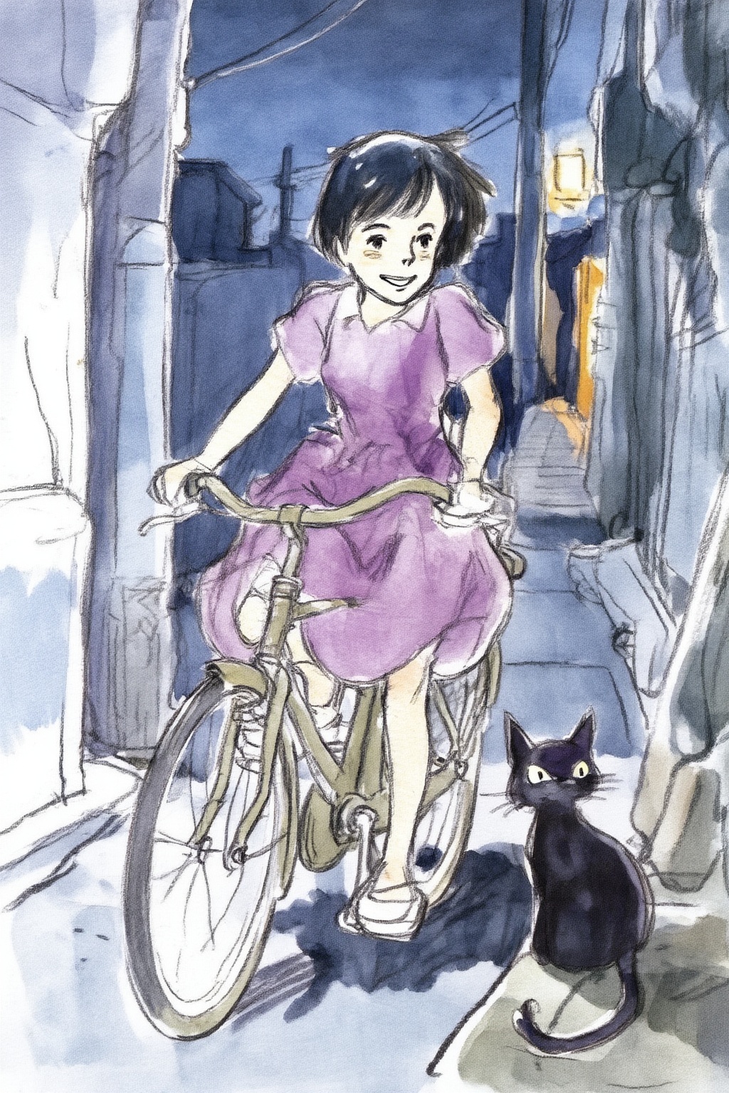 hayaomiyazaki4z20 watercolor illustration. 
Young Asian woman riding an old style bicycle through a narrow, quiet street at night. The happy woman wears a simple, flowing purple dress. In the corner, a small black cat with piercing eyes sits watching her quietly. The mood is tranquil and slightly magical.