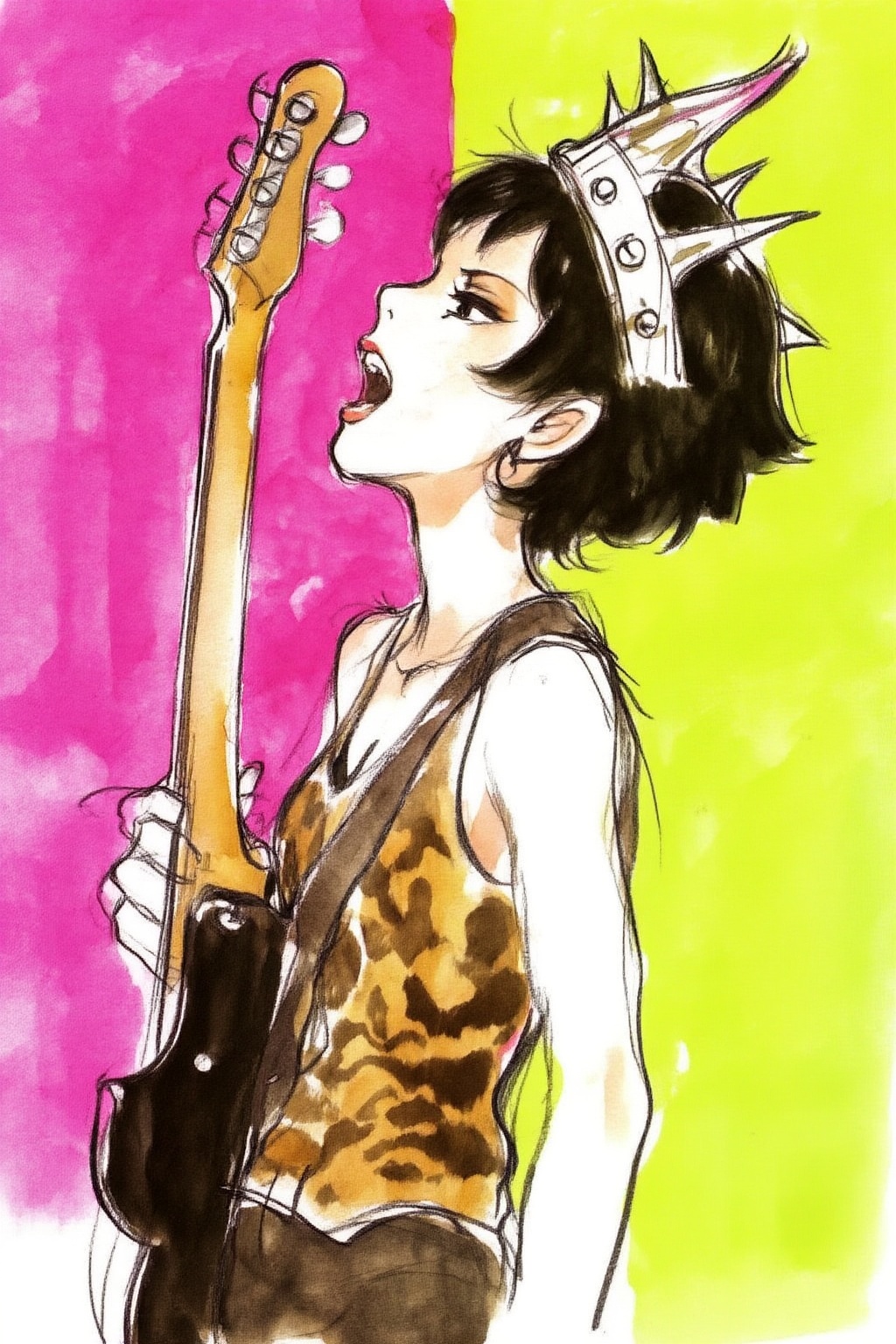 hayaomiyazaki4z20 watercolor illustration. 

Profile view medium shot of a punk rock musician with her head tilted back in a passionate expression. The subject features short hair, adorned with a matching spiked Liberty crown headpiece. She wear a textured, animal-print patterned sleeveless top and a guitar strap, while holding a dark electric guitar by its neck and body. The composition is centered against a background vertically split between vibrant neon pink on the left and lime yellow on the right. Deep black ink defines the silhouette, while background colors bleed into the highlights on the skin and clothing. The lighting is stark and graphic, emphasizing sharp edges. The overall mood is rebellious, energetic, and powerful.
