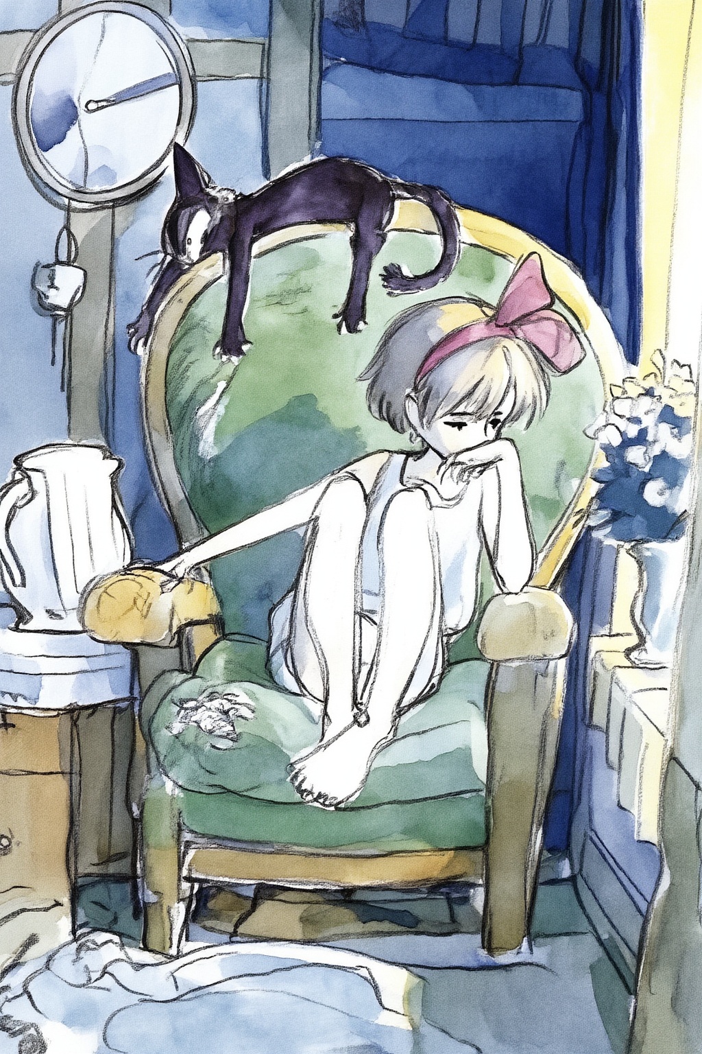 hayaomiyazaki4z20 watercolor illustration. 
An indoor night scene of a young girl and her cat.  A young girl, Kiki, with short hair and a large pink bow, sitting slouched with her legs up in a large green armchair. She appears tired, resting her head on one hand while reaching out with the other toward the armrest.  A black cat with large ears is perched along the top of the armchair, sleeping. The room is softly lit with warm tones, featuring a white teapot on a small table on the left, a vase of flowers sitting on the windowsill on the right, and a large circular wall clock in the background. Light from the outside is coming in through the open window on the right