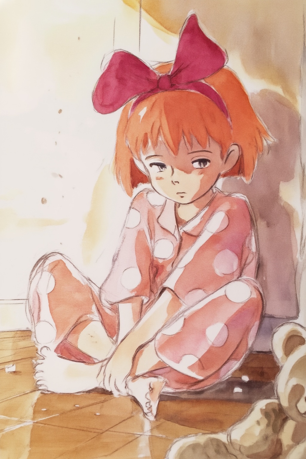 hayaomiyazaki4z20 watercolor illustration. 
Kiki, a young girl with fiery-orange cropped hair, oversized fuchsia bow, pink polka-dot pyjamas, perched cross-legged, hands on ankles. Intimate low-angle, tight shot, sharp focus: expressive eyes. Polished wooden floor. Crewdson-esque cinematic staging; ethereal backlighting, shallow depth of field. Warm, desaturated pastels: dusty rose, apricot. Soft diffused side-light, golden hour glow. Textures: soft flannel, lustrous satin. Quiet introspection, dreamlike stillness, childhood wistfulness. Subtle dust motes in light; blurred vintage teddy bear, frame's edge. 
