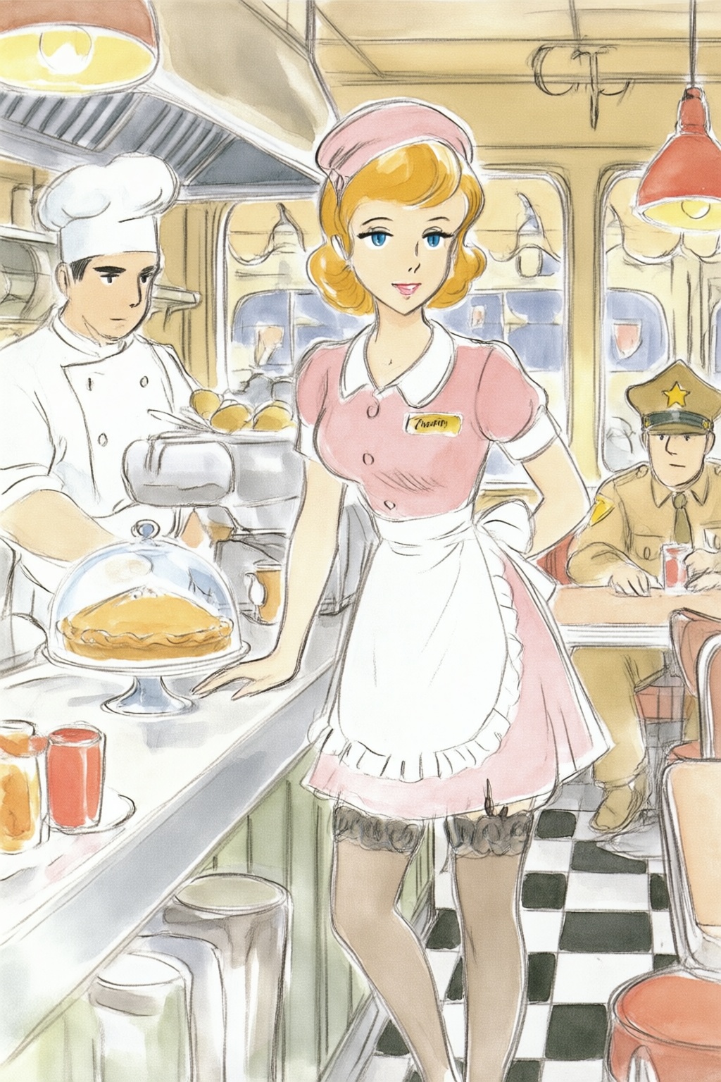 hayaomiyazaki5q25 watercolor illustration.  
In a bright retro diner, a voluptuous blonde woman with wavy shoulder-length hair in 1950s vintage style and blue eyes stands behind a stainless steel counter. She wears a short pink waitress uniform with a white collar, a ruffled white apron, and a matching cap, paired with dark lace-topped stockings. She looks at the viewer with her body slightly angled, resting one hand on the counter near a glass-domed pie, and one hand behind her back. She wears a name tag that says Chastity. On the left, a man in a white chefs uniform prepares food at a stove under a metal hood. In the background to the right, a man in a tan sheriffs uniform and hat sits at a booth. The setting includes a black and white checkered floor, red hanging lamps, and large windows showing a street. This eye-level medium shot captures the woman as the central figure, with the kitchen and dining area clearly visible in the background