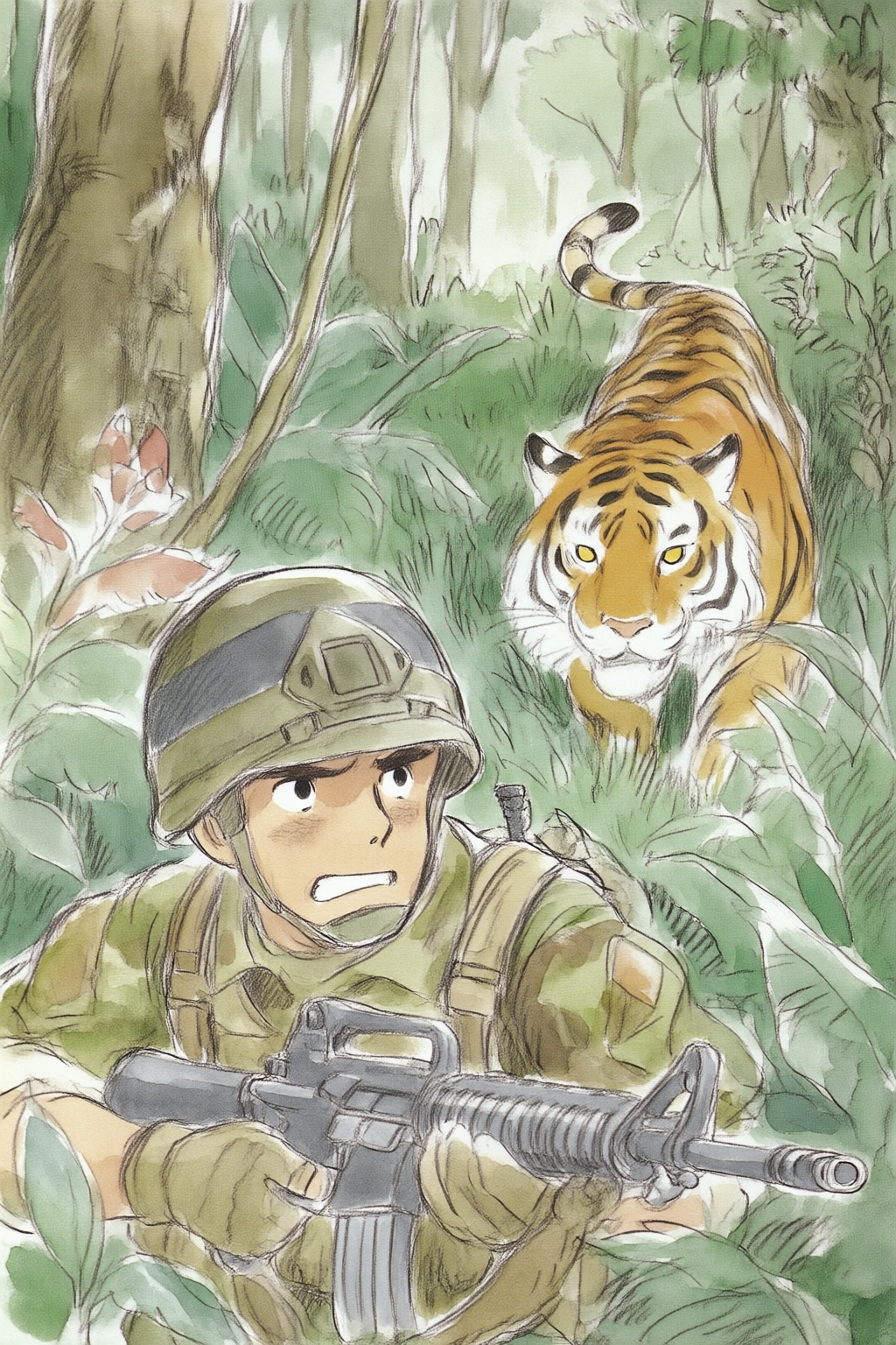 hayaomiyazaki5q25 watercolor illustration.  
Create a tense jungle scene set in Vietnam, featuring a dense, lush environment with thick foliage, tall trees, and tropical plants. Close-up face of an American Marine, showing fear in his face, shown in 3/4 view, holding a rifle in a ready position. He is dressed in camouflage fatigues and a helmet, blending into the surroundings. Unbeknownst to him, a distance away, a stealthy tiger is following closely behind, partially obscured by the foliage. The tiger's eyes are fixed on the soldier, adding a sense of impending danger to the scene. The overall atmosphere should be one of suspense, with the jungle's dense greenery and shadows heightening the tension. 