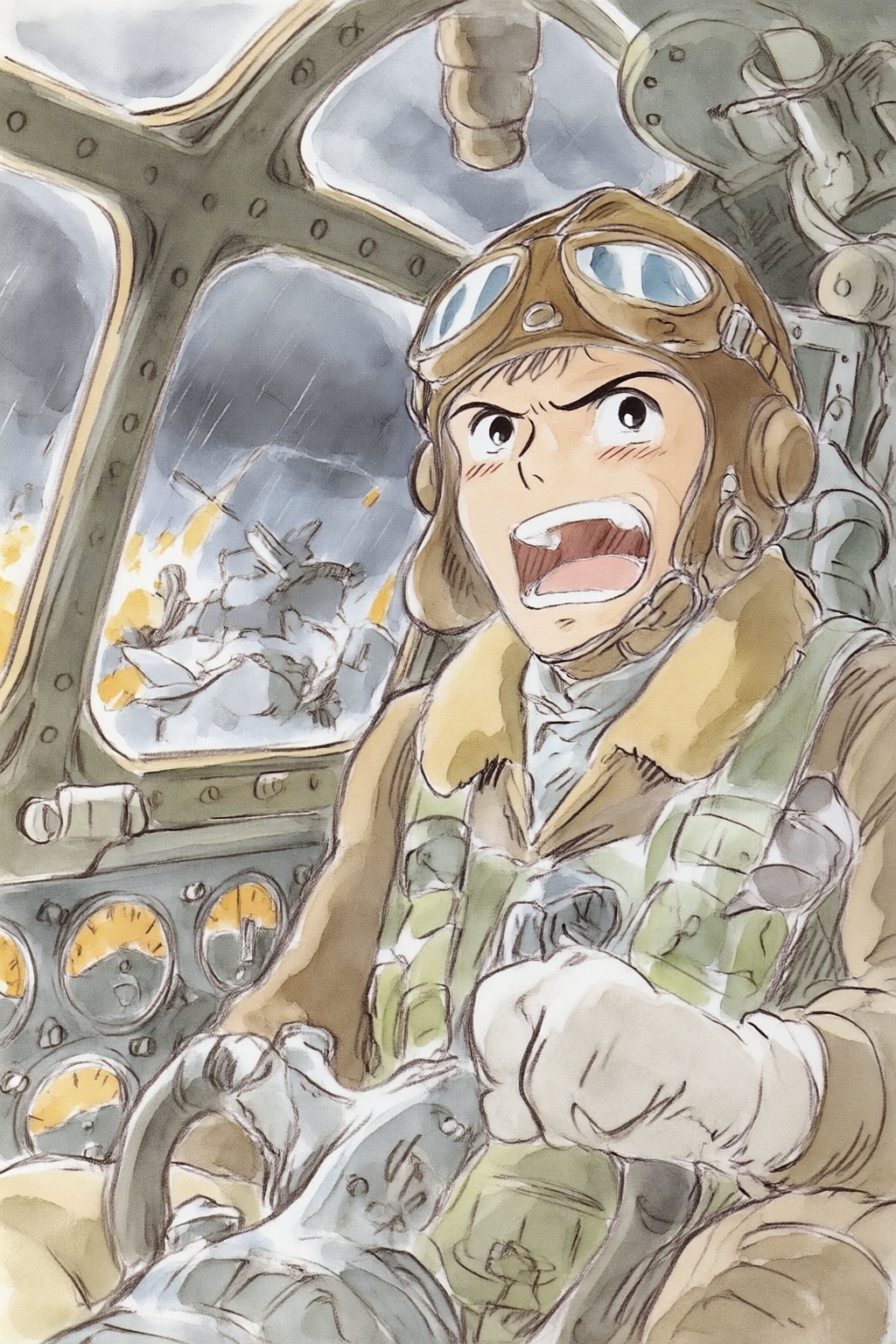 hayaomiyazaki5q25 watercolor illustration.  
A female pilot, shown in 3/4 view, screaming inside the cockpit of a World War II bomber. The pilot, wearing a vintage leather flight helmet with goggles and a bomber jacket, grips the controls with white-knuckled hands. Her face is contorted in a mix of fear and determination as she yells, her eyes wide with **********. The cockpit is cramped and filled with old-fashioned dials and gauges, with the outside view showing dark stormy clouds and distant anti-aircraft fire 