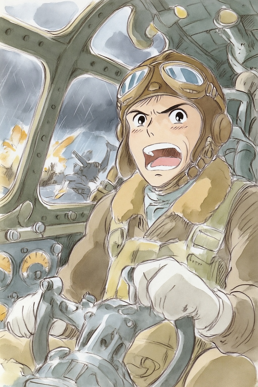 hayaomiyazaki5q20 watercolor illustration.  
A female pilot, shown in 3/4 view, screaming inside the cockpit of a World War II bomber. The pilot, wearing a vintage leather flight helmet with goggles and a bomber jacket, grips the controls with white-knuckled hands. Her face is contorted in a mix of fear and determination as she yells, her eyes wide with **********. The cockpit is cramped and filled with old-fashioned dials and gauges, with the outside view showing dark stormy clouds and distant anti-aircraft fire 
