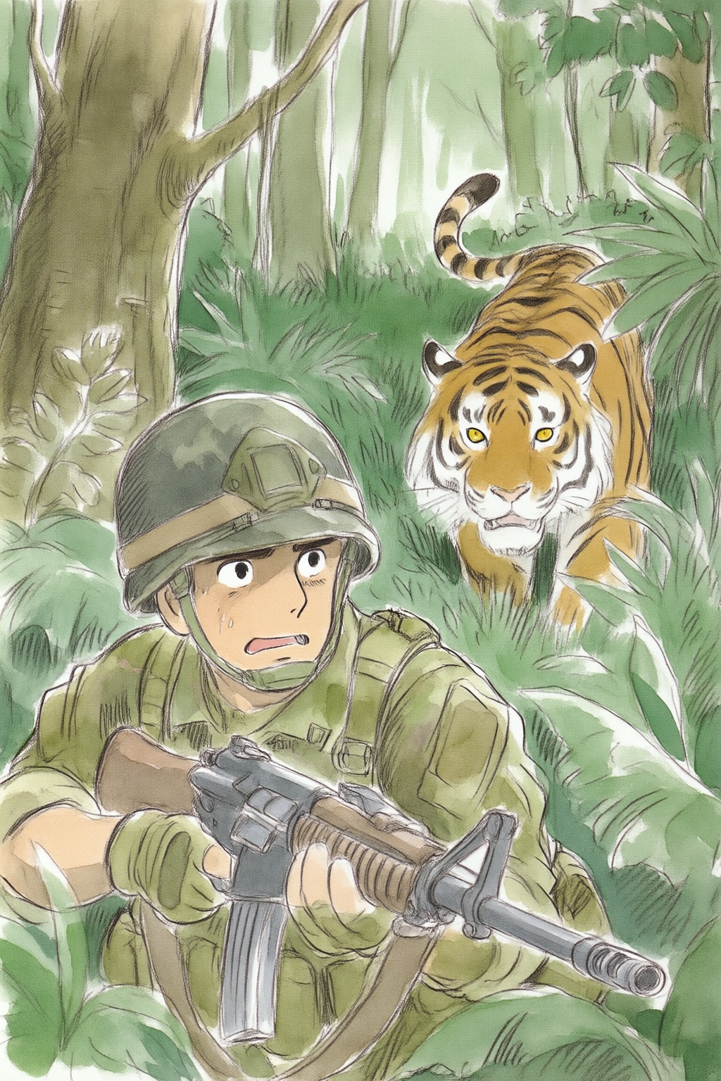 hayaomiyazaki5q20 watercolor illustration.  
Create a tense jungle scene set in Vietnam, featuring a dense, lush environment with thick foliage, tall trees, and tropical plants. Close-up face of an American Marine, showing fear in his face, shown in 3/4 view, holding a rifle in a ready position. He is dressed in camouflage fatigues and a helmet, blending into the surroundings. Unbeknownst to him, a distance away, a stealthy tiger is following closely behind, partially obscured by the foliage. The tiger's eyes are fixed on the soldier, adding a sense of impending danger to the scene. The overall atmosphere should be one of suspense, with the jungle's dense greenery and shadows heightening the tension. 