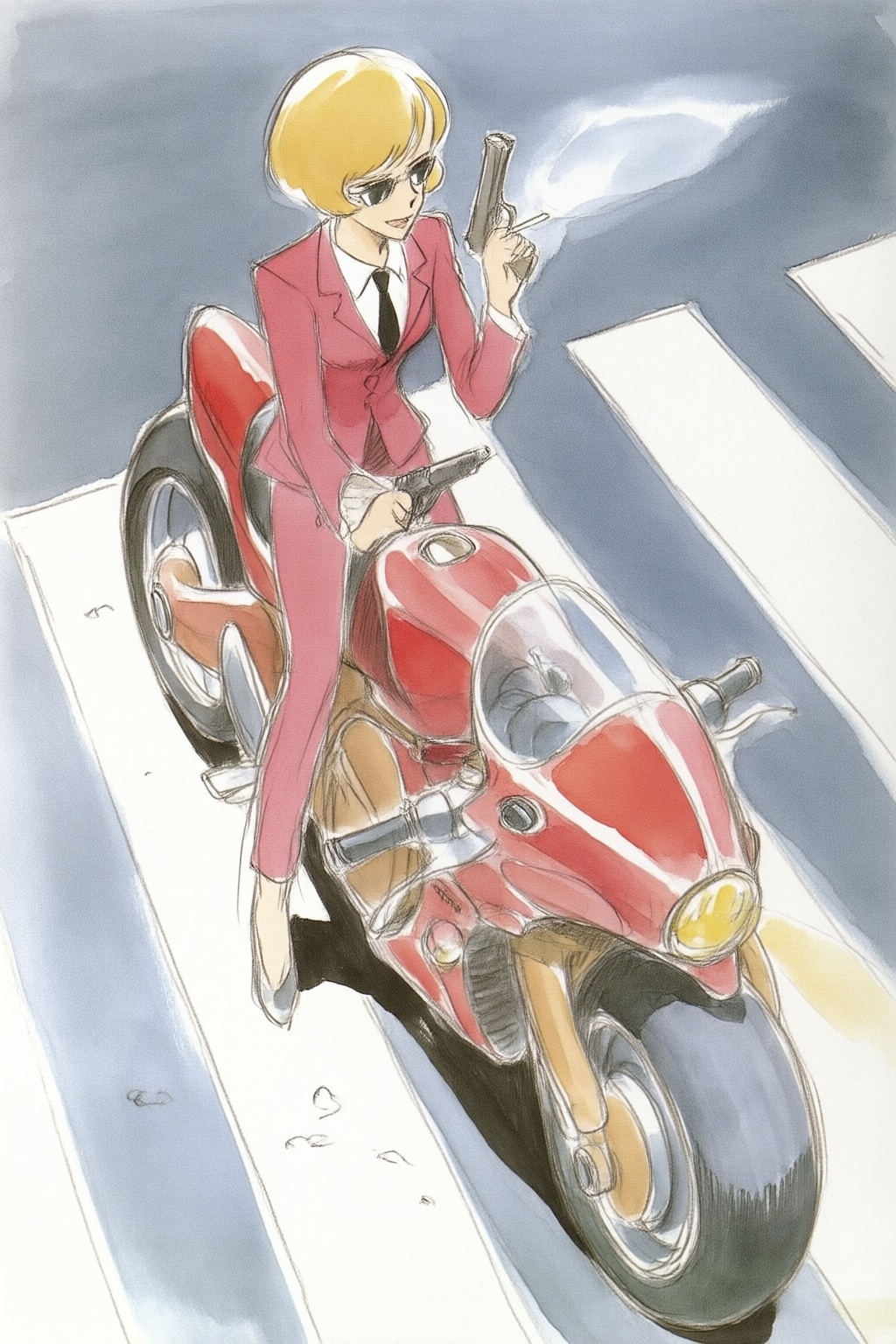 hayaomiyazaki5q20 watercolor illustration.  
High angle, overhead shot of a Blonde woman walking away from a futuristic motorcycle parked at a zebra crossing. The woman has bob hair, is smoking. She wears a red business suit, white shirt, black tie, and sunglasses. She holds a gun with a confident grip. The motorcycle itself is red, sleek and metallic, with intricate designs and a futuristic vibe