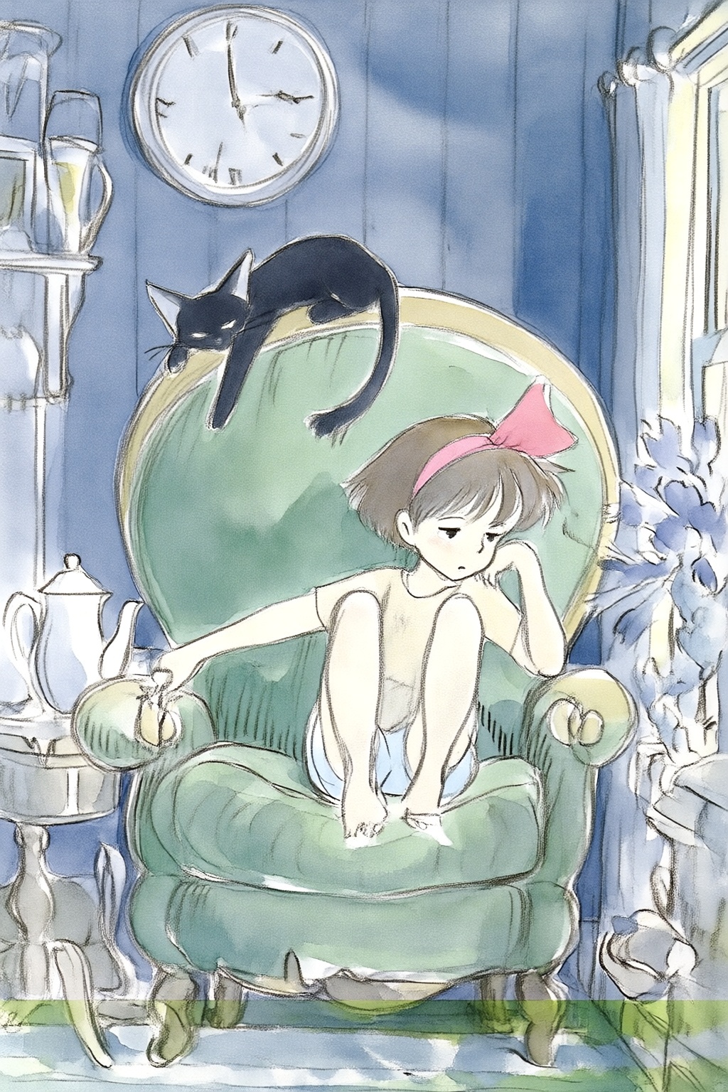 hayaomiyazaki5q20 watercolor illustration.  
An indoor night scene of a young girl and her cat. A young girl, Kiki, with short hair and a large pink bow, sitting slouched with her legs up in a large green armchair. She appears tired, resting her head on one hand while reaching out with the other toward the armrest. A black cat with large ears is perched along the top of the armchair, sleeping. The room is softly lit with warm tones, featuring a white teapot on a small table on the left, a vase of flowers sitting on the windowsill on the right, and a large circular wall clock in the background. Light from the outside is coming in through the open window on the right