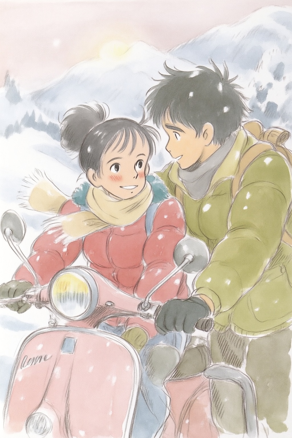 hayaomiyazaki5q20 watercolor illustration.  
A young man and woman in a snowy mountain landscape. The woman, with dark hair in a messy bun and a blushing smile, sits on a pink vintage scooter wearing a red puffer jacket and cream scarf. Beside her, a man shown in side profile, with messy dark hair and a warm expression stands beside the scoooter, leans in, his black-gloved hands on the handlebars. He wears an olive-green puffer jacket, grey scarf, and a backpack. Fine snowflakes drift through the air. The image has a pastel palette of pink, red, and green. Warm, diffused lighting creates a cozy, romantic mood against the hazy, pale background.
