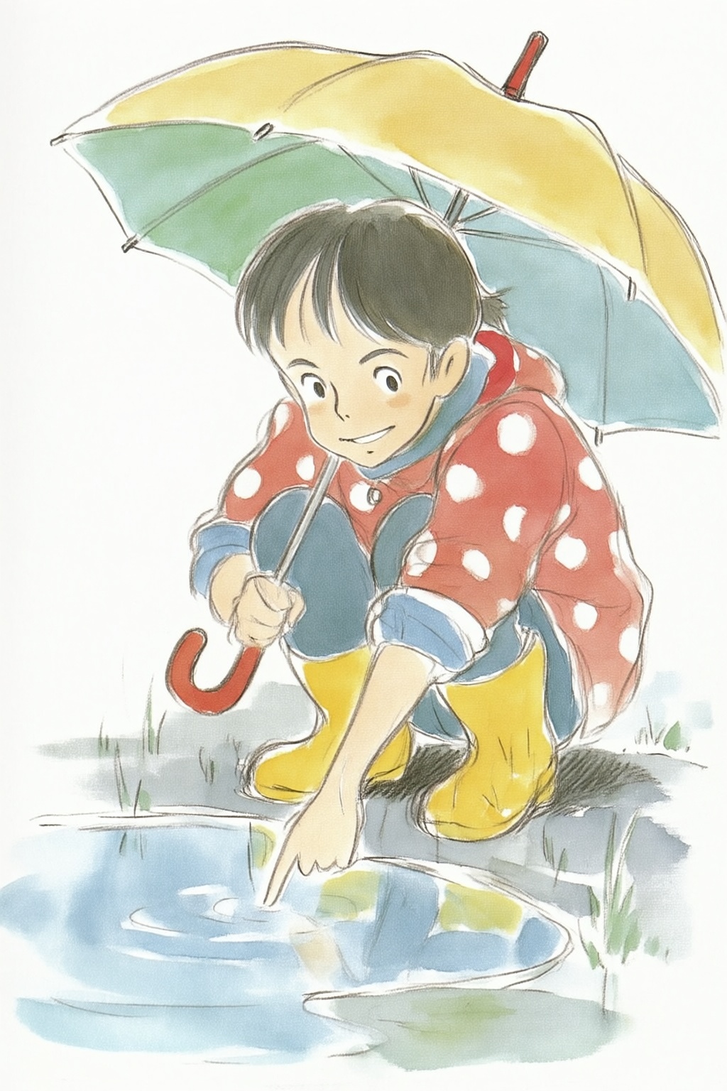 hayaomiyazaki5q20 watercolor illustration.  
A young woman, angled from slightly above and to the right, crouching low to the ground in a puddle. The young woman is wearing bright yellow rubber boots and a red jacket with white polka dots. The jacket sleeves are pushed up to reveal blue cuffs. The young woman also wears dark blue jeans and has a smile on her face as she extends her right index finger to touch the water in the puddle. She holds a large, open umbrella with rainbow-colored panels and a red handle over her.