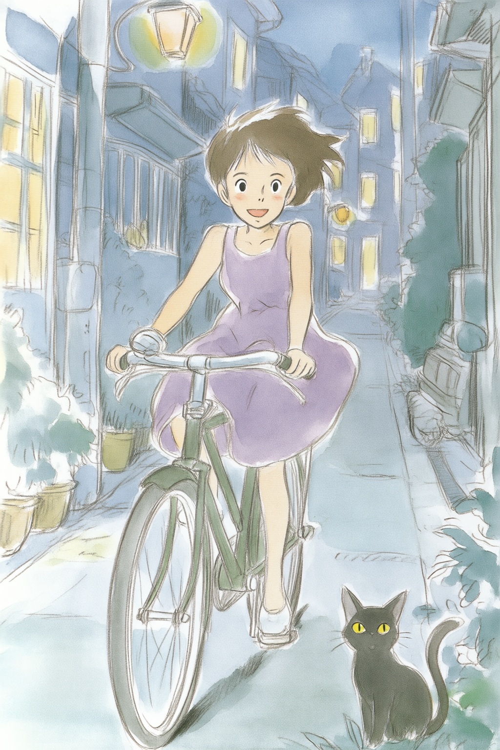 hayaomiyazaki5q20 watercolor illustration.  
Young Asian woman riding an old style bicycle through a narrow, quiet street at night. The happy woman wears a simple, flowing purple dress. In the corner, a small black cat with piercing eyes sits watching her quietly. The mood is tranquil and slightly magical.