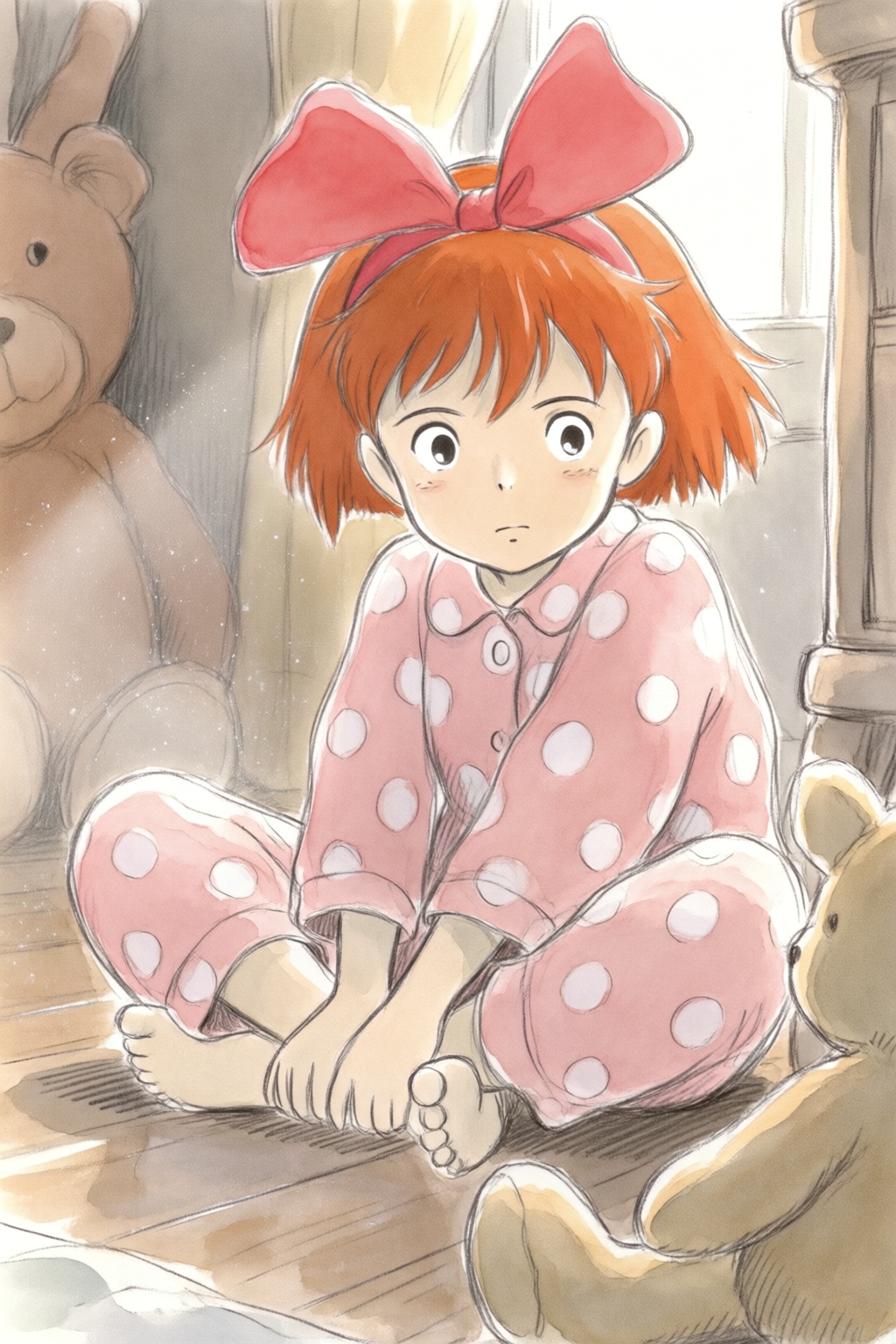 hayaomiyazaki5q20 watercolor illustration.  
Kiki, a young girl with fiery-orange cropped hair, oversized fuchsia bow, pink polka-dot pyjamas, perched cross-legged, hands on ankles. Intimate low-angle, tight shot, sharp focus: expressive eyes. Polished wooden floor. Crewdson-esque cinematic staging; ethereal backlighting, shallow depth of field. Warm, desaturated pastels: dusty rose, apricot. Soft diffused side-light, golden hour glow. Textures: soft flannel, lustrous satin. Quiet introspection, dreamlike stillness, childhood wistfulness. Subtle dust motes in light; blurred vintage teddy bear, frame's edge. 