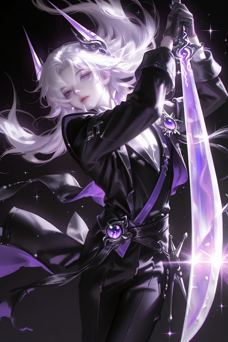 Detail enhancement,Yoneyama Mai,transparent,lightshadow,(Visual impact:1.3)dynamic angle,dynamic pose,
solo,long hair,weapon,sword,holding,1boy,white hair,holding weapon,holding sword,male focus,gloves,black gloves,looking at viewer,purple eyes,black background,feet out of frame,long sleeves,sparkle,floating hair,
UE5 Rendering,RTNS,masterpiece,amazing quality,Semi-realistic,fantasy,high contrast,detailed shading,perspective,depth of field,best quality,realistic anatomy,reoen,absurdres,realistic,best-quality,masterpiece,with a high-end texture,