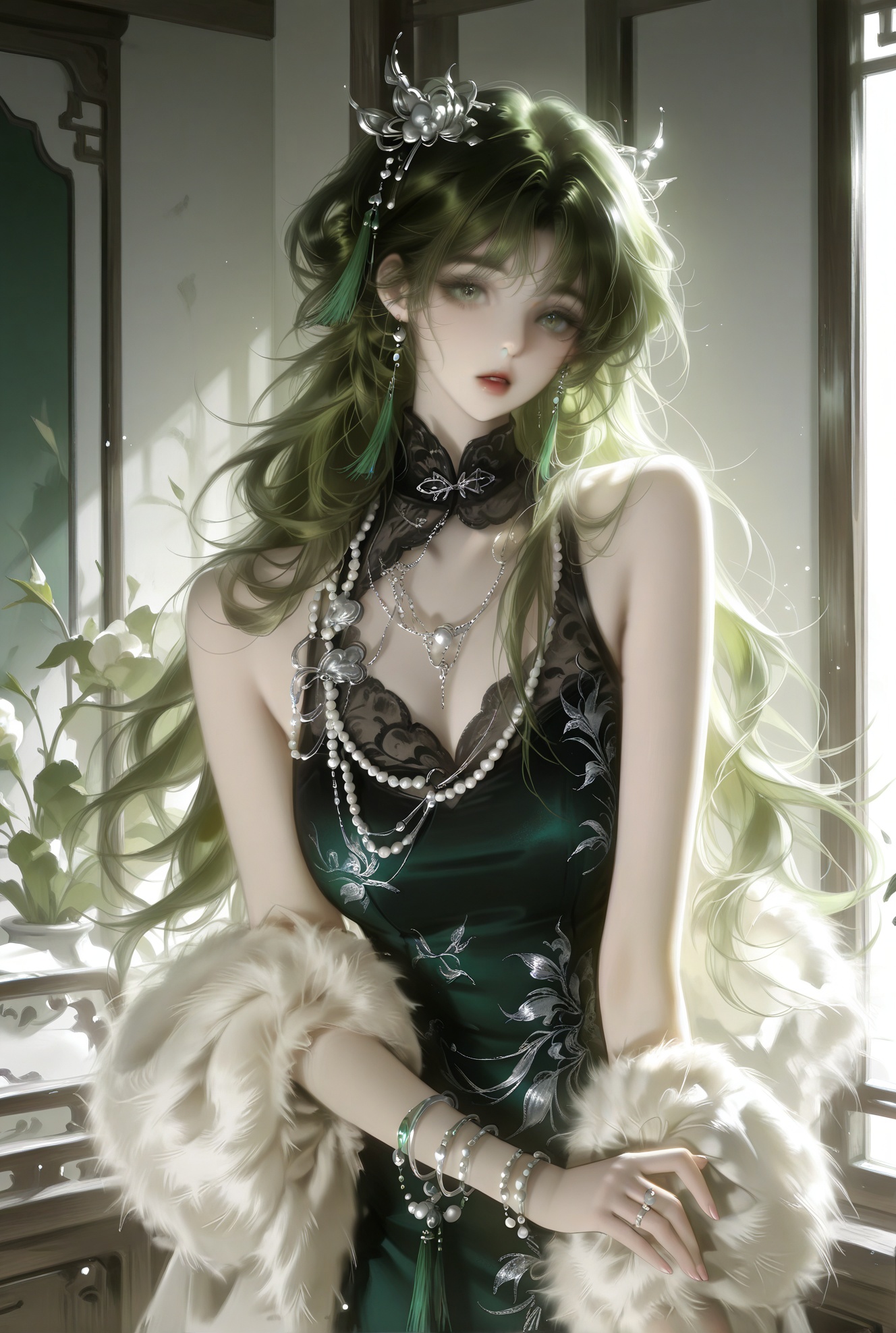 1girl, solo, long hair, looking at viewer, bangs, hair ornament, dress, bare shoulders, jewelry, green eyes, upper body, earrings, parted lips, green hair, sleeveless, indoors, necklace, black dress, bracelet, parted bangs, fur trim, chinese clothes, ring, gem, china dress, beads, pearl necklace, pearl \(gemstone\)