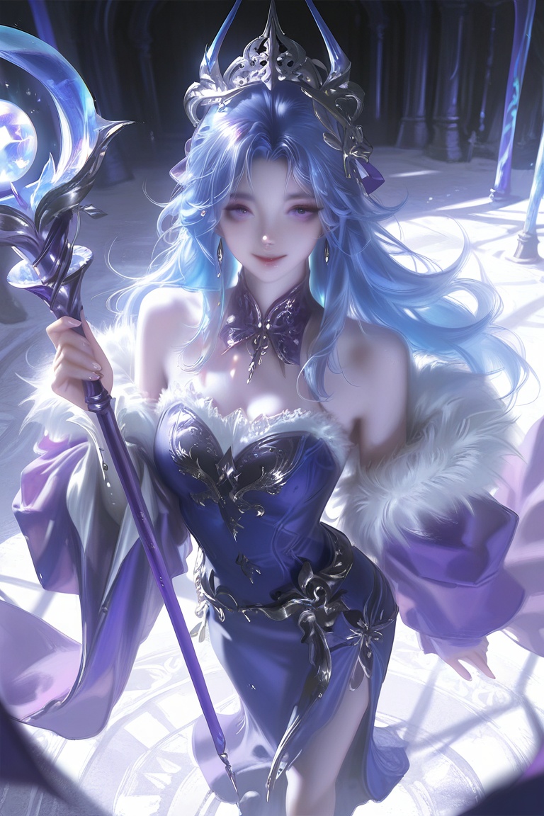1girl, solo, long hair, staff, holding, blue hair, purple eyes, dress, looking at viewer, bare shoulders, weapon, smile, fur trim,​,/////,absurdres,realistic,best quality,masterpiece,high-end texture,UE5 rendering,amazing quality,fantasy,perspective,depth of field,realistic anatomy,reoen​,portrait,(dark background:0.1)