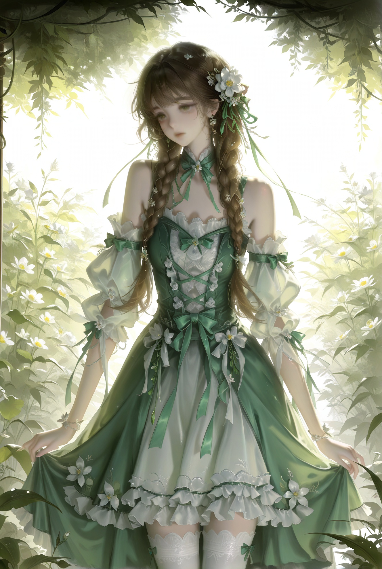 1girl, solo, long hair, looking at viewer, bangs, brown hair, hair ornament, thighhighs, dress, bow, ribbon, bare shoulders, jewelry, standing, braid, flower, earrings, outdoors, frills, detached sleeves, hair flower, twin braids, white thighhighs, frilled dress, plant, white flower