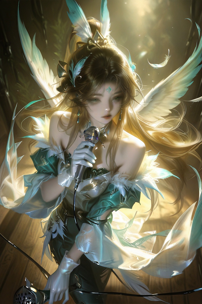 1girl,long hair,solo,wings,very long hair,green eyes,brown hair,feathers,facial mark,bare shoulders,microphone,gloves,/////,absurdres,realistic,best quality,masterpiece,high-end texture,UE5 rendering,amazing quality,fantasy,perspective,depth of field,realistic anatomy,reoen​,(dark background:0.1),