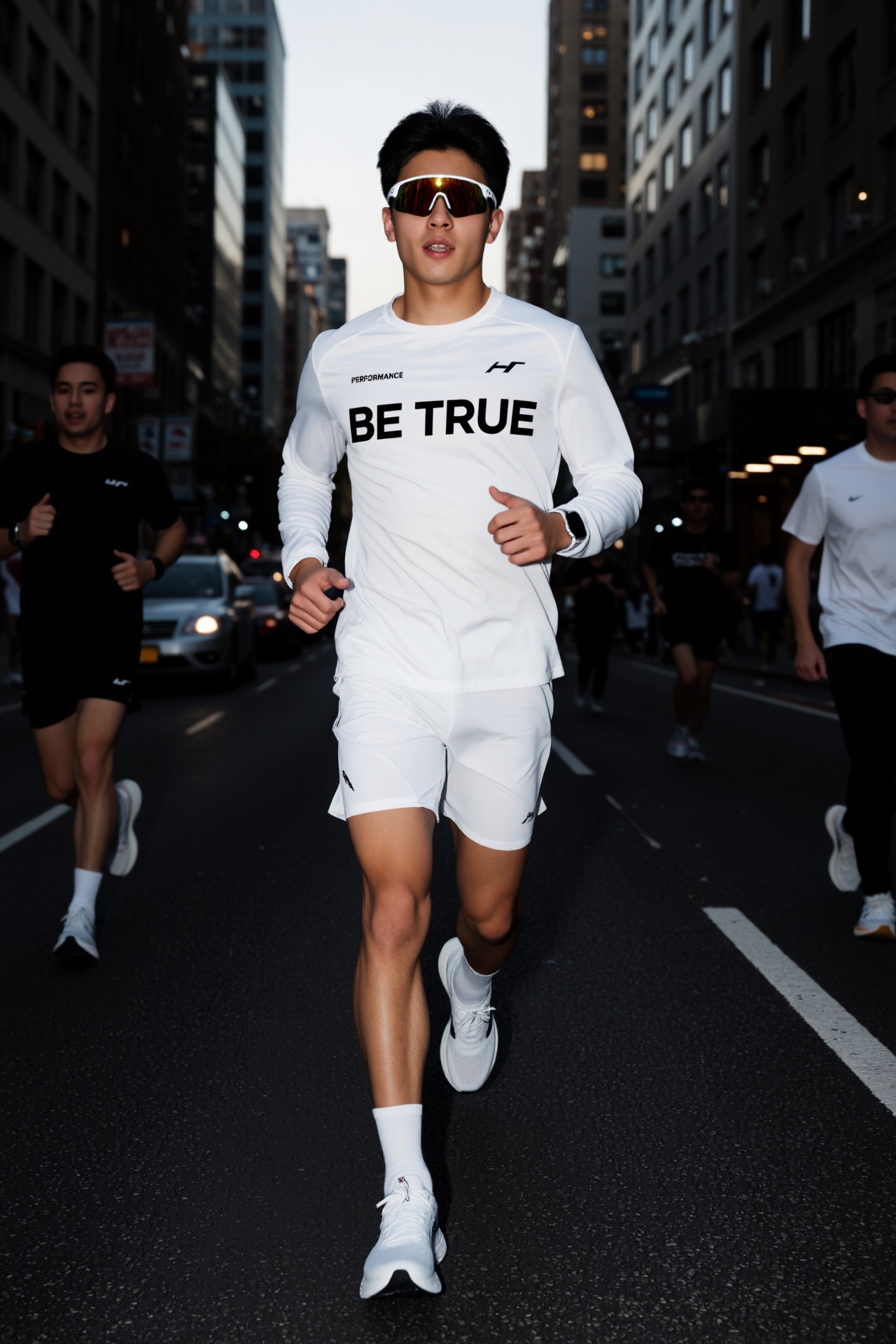 a young man wearing a white performance tech sports running top ( with the words BE TRUE printed in bold lettering on the...