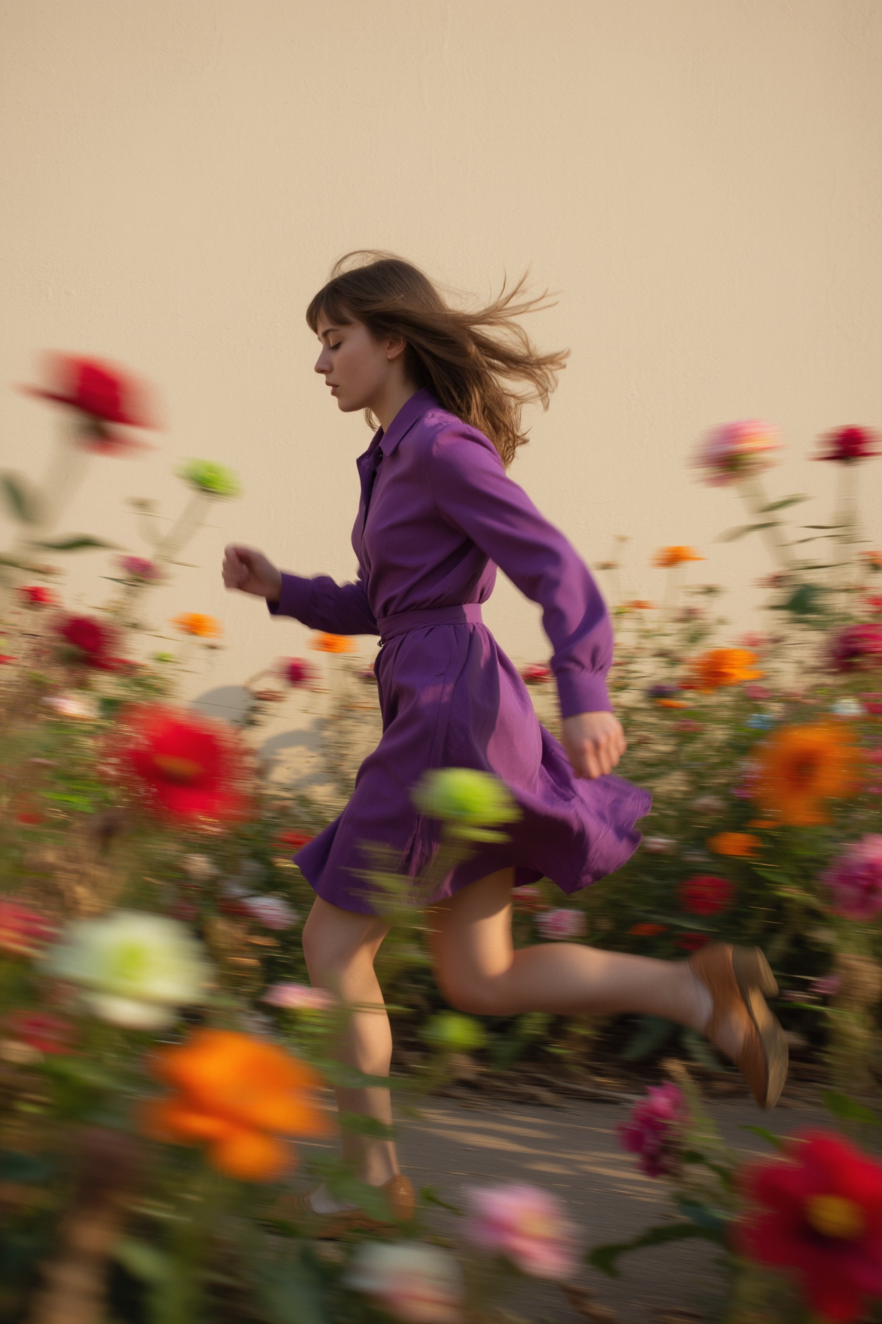 a woman with long hairs,  wearing a fashion purple dress running,  surrounded by blurred flowers on Tensor.Art