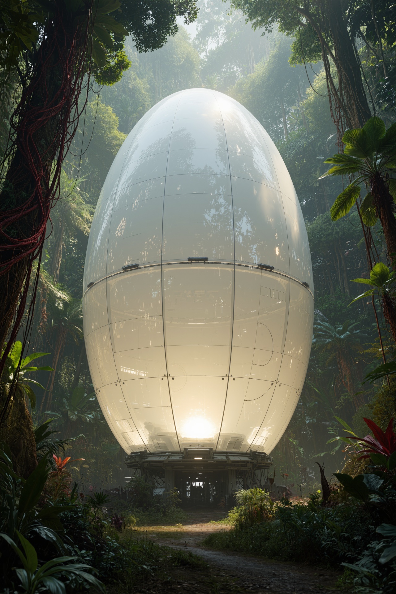 A gigantic ultra-white semi-transparent oval egg-shaped spaceship standing alone on the ground,  smooth reflective surface...