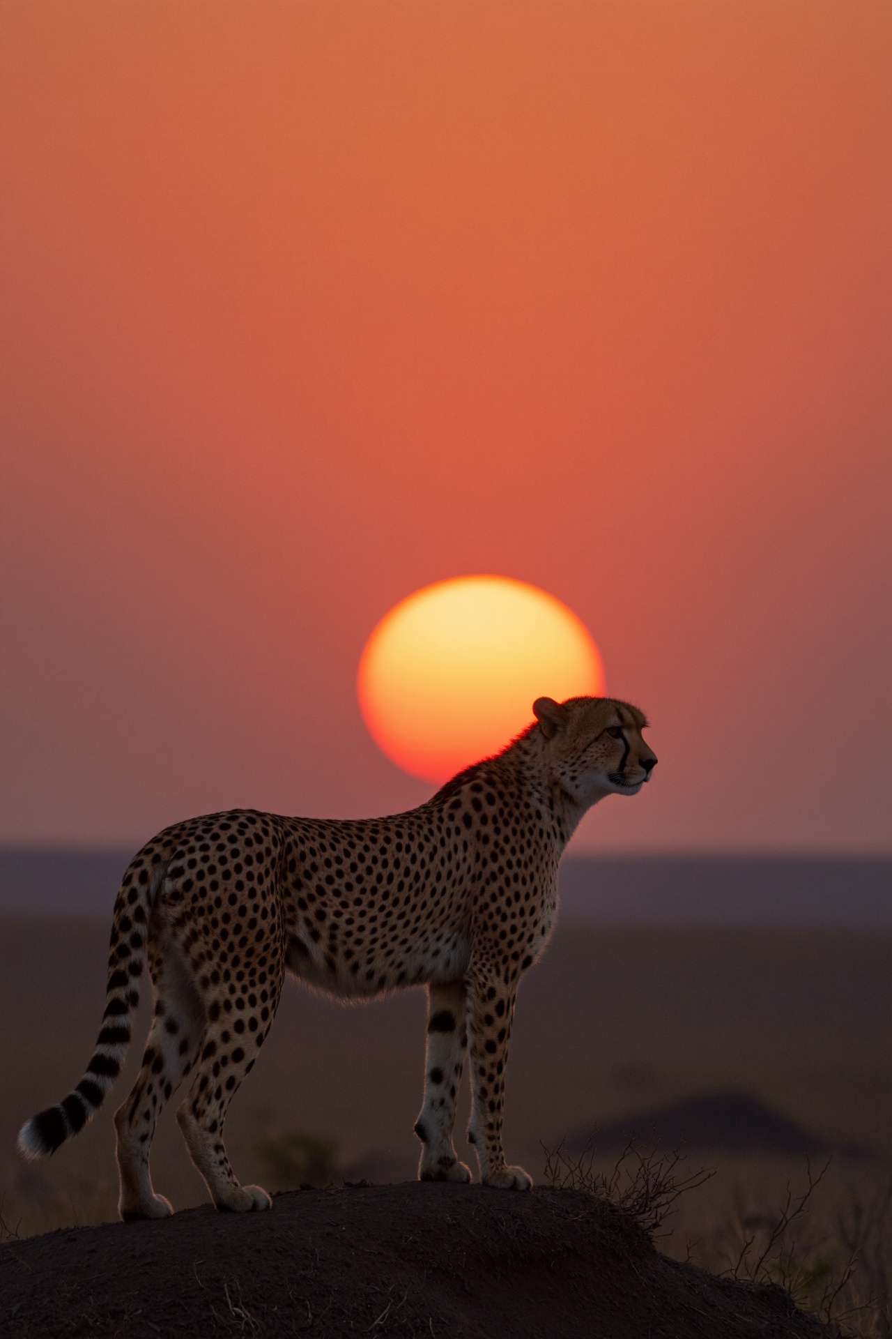 African cheetah standing in profile on a small ridge at sunset,  perfectly aligned with a massive glowing sun on the horiz...