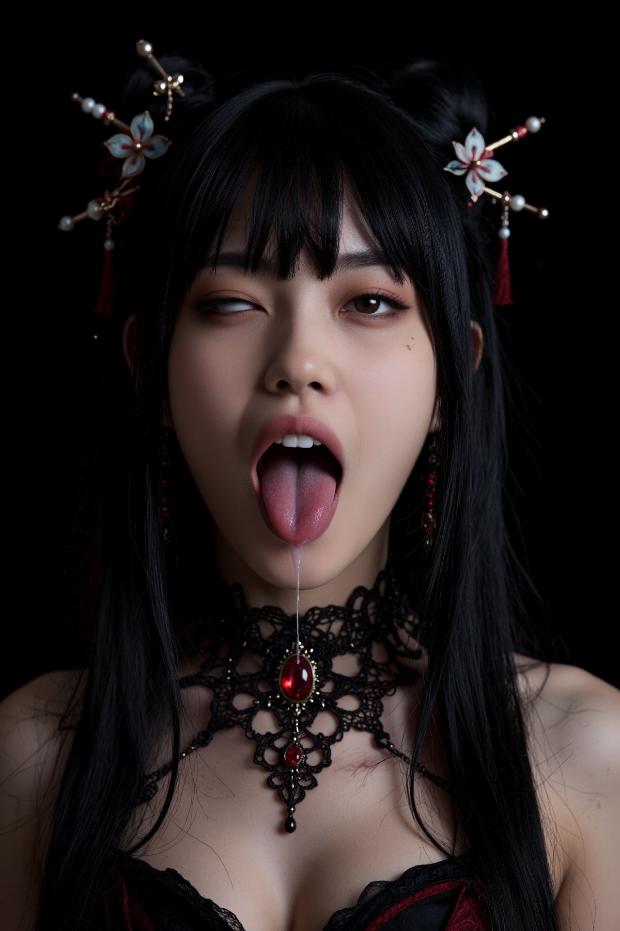 Dark fantasy aesthetic,  an East Asian woman with long raven black hair and traditional silk hairpins making an ahegao fac...
