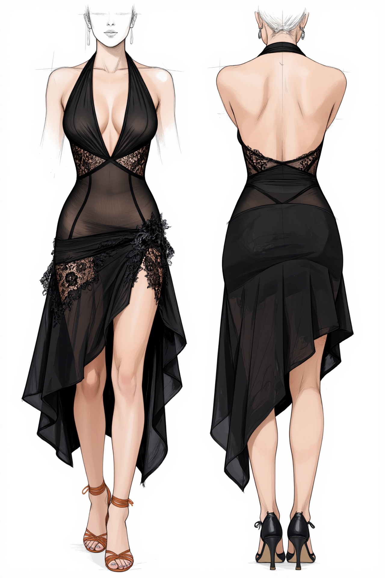 Black Latin Dance Competition Dress Design Sketch Sexy and unique style,  halter neckline,  deep V-neck on Tensor.Art