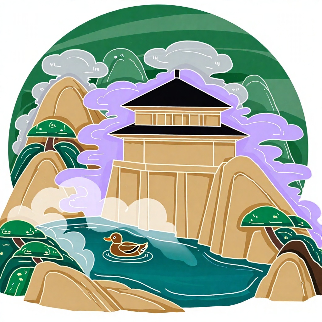 XSDB, A circular landscape composition features a hot spring pavilion surrounded by stylized mist, steaming water patterns, and pine-covered slopes. Drawn with clean lines in warm beige, jade green, and soft violet, bold black outlines define architecture and nature. Flat color fields with subtle washes create calm depth, with textured brushwork in steam and clouds. A small duck floats on the spring, blending wellness scenery with classical aesthetics.
