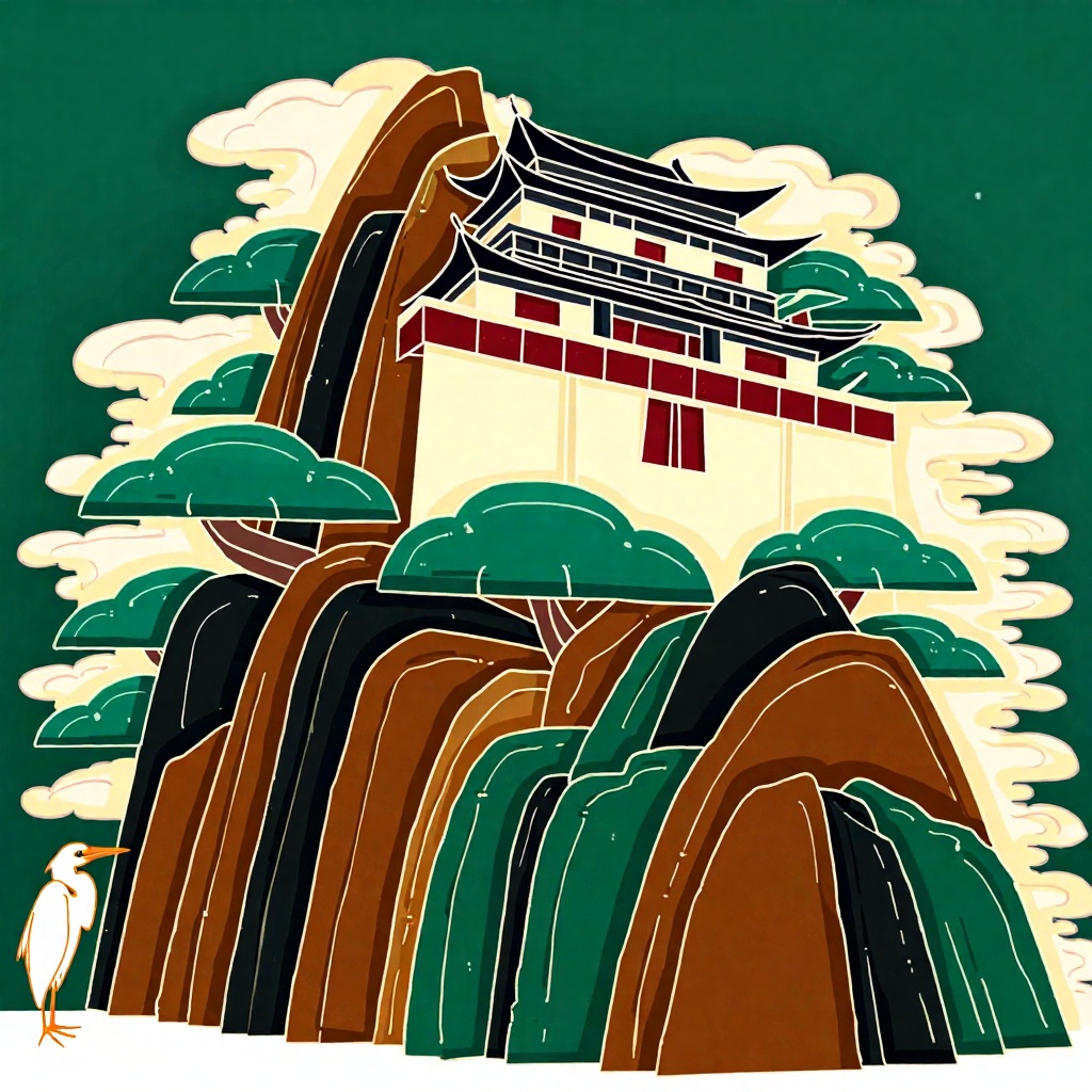 XSDB, A symmetrical landscape composition showcases a cliffside Taoist temple amid stylized pine-covered mountains and floating cloud bands. Drawn with confident clean lines in deep emerald, burnt sienna, and creamy ivory, strong black contours shape rock layers and temple details. Flat color planes with light washes create soft depth, with textured brushwork in pine canopies and mist. A lone egret stands near the cliff edge, bringing balance and serenity, reinterpreting ancient mountain scenery through modern minimalist illustration.
