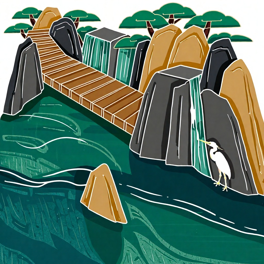 XSDB, A layered vertical composition features a cliff-side wooden plank path winding toward a mountain temple, with cascading waterfall motifs and stylized pines. Rendered in sturdy lines in slate grey, emerald, and soft amber, sharp black contours shape rocks and architecture. Flat color blocks with light gradients create atmosphere, with textured brushwork in water and mist. A heron stands by the fall, enhancing calm majesty in modern Chinese style.
