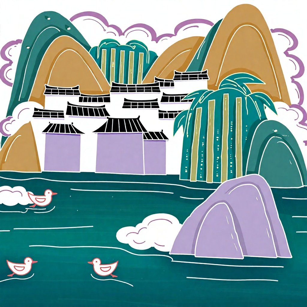 XSDB, A horizontal layered composition features a riverside ancient village with tiled rooftops and slender bamboo groves, framed by rolling hills. Rendered in clear linework with muted teal, soft amber, and pale lavender, bold black outlines define architecture and plant forms. Flat color fields with subtle gradients add gentle dimension, while textured brushwork appears in cloud and water patterns. A few water birds skim the surface, evoking calm rural poetry in a modern simplified Chinese style.
