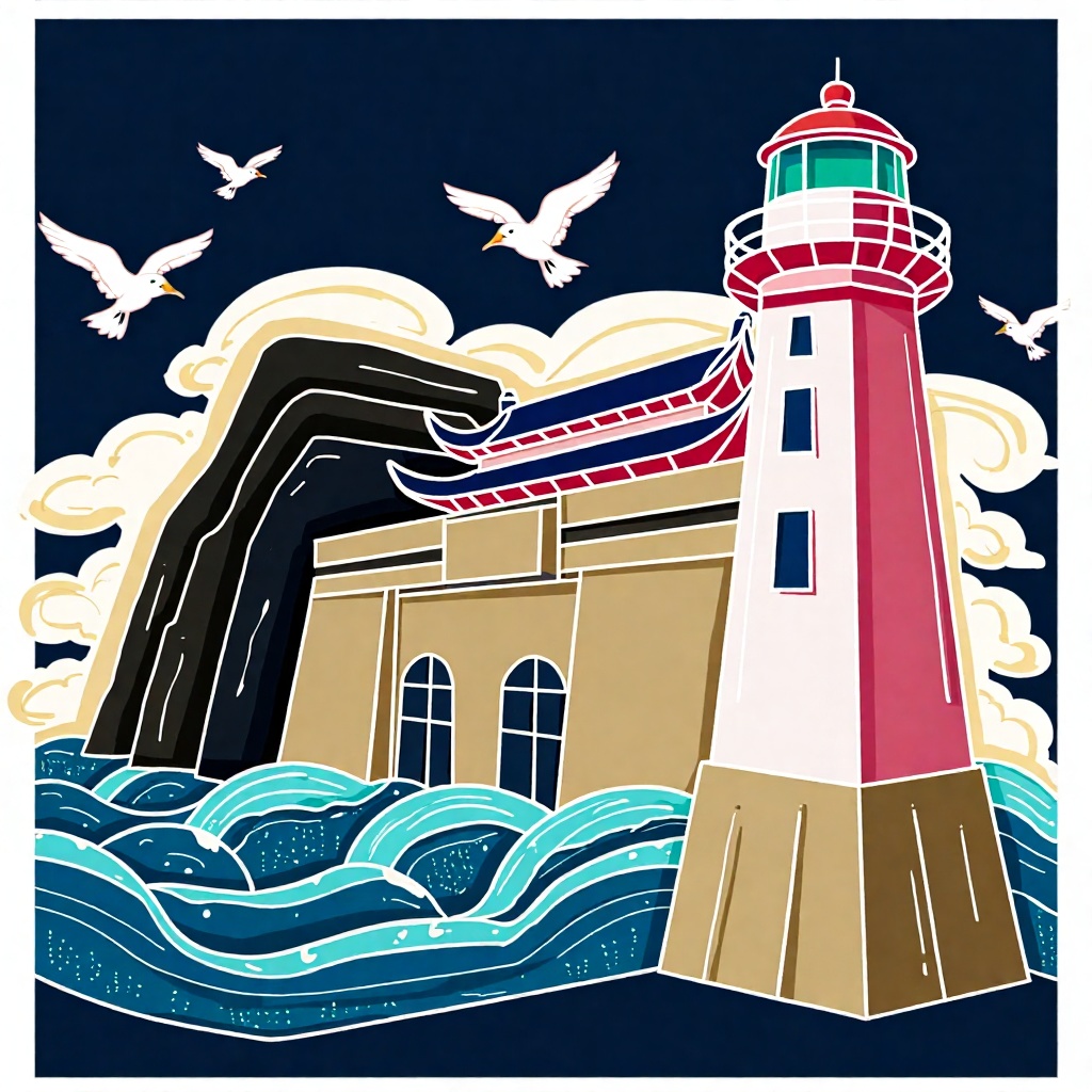 XSDB, A layered panoramic composition showcases a coastal lighthouse fused with East Asian architectural elements, standing beside stylized wave patterns and coastal rocks. Drawn with clean lines in deep navy, sand beige, and pale pink, strong black contours shape structural and natural forms. Flat color planes with gentle washes create depth, with textured brushwork in waves and clouds. Seagulls glide across the upper space, blending traditional ink aesthetics with modern landmark illustration.
