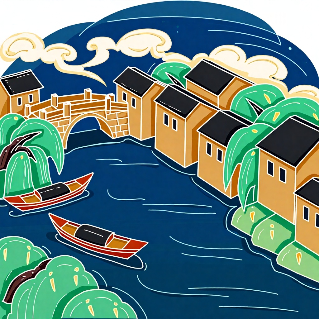 XSDB, A horizontal riverside composition features a ancient stone bridge connected to a waterside market town, with swaying willows and boat motifs. Rendered in smooth lines in soft indigo, warm ochre, and light green, sharp black contours define buildings and water plants. Flat color blocks with light washes create depth, with textured brushwork in ripples and clouds. A few fishing boats float below, capturing Jiangnan poetic charm.
