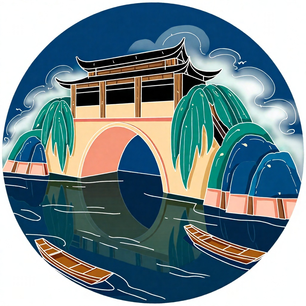 XSDB, A compact circular vignette features a classic covered bridge arching over a reflective river, surrounded by simplified willow branches and misty banks. Rendered with crisp linework in soft indigo, warm sand, and light peach tones, bold black outlines define wooden beams and foliage. Flat color fields with subtle gradients suggest space, while textured brushstrokes appear in water reflections and cloud edges. Two tiny boats float gently below, enhancing poetic tranquility, merging classical Jiangnan scenery with contemporary illustrative simplicity.
