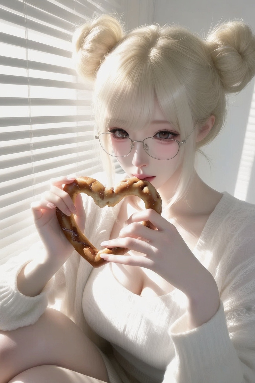 kawaii pastel girl with blonde twin buns,  glasses-free,  holding pretzel on Tensor.Art