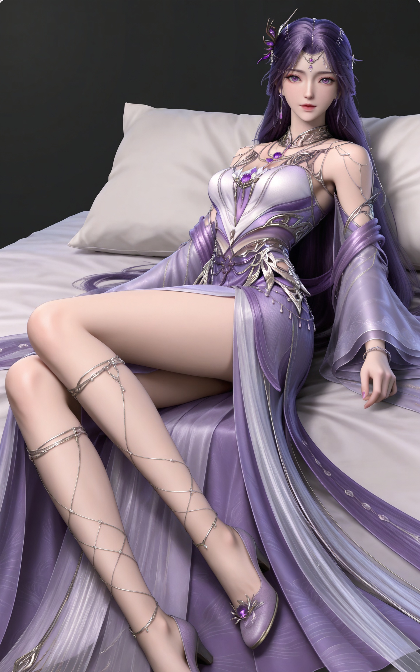 masterpiece,high quality,tall,game cg,highres,(soft light:1.2),(white_skin:0.6),(shiny_skin:0.6),(realistic:1.1),
purple hair,long hair,purple eyes,forehead_jewel,hair_ornament,earrings,necklace,gem,bare shoulders,detached_sleeves,long_sleeves,yunxi purple dress,1girl,solo,jewelry,high_heels,legs,long legs,
black_background,simple background,outdoor,looking at viewer,lying,bed