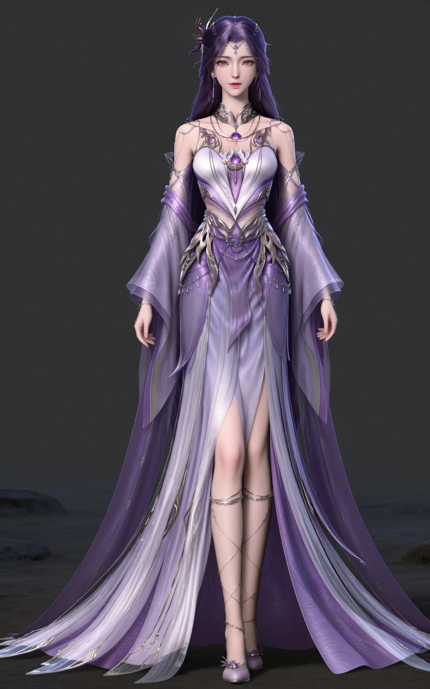 masterpiece,high quality,tall,game cg,highres,(soft light:1.2),(white_skin:0.6),(shiny_skin:0.6),(realistic:1.1),
purple hair,long hair,purple eyes,forehead_jewel,hair_ornament,earrings,necklace,gem,bare shoulders,detached_sleeves,long_sleeves,yunxi purple dress,1girl,solo,jewelry,high_heels,standing,
black_background,simple background,outdoor,looking at viewer