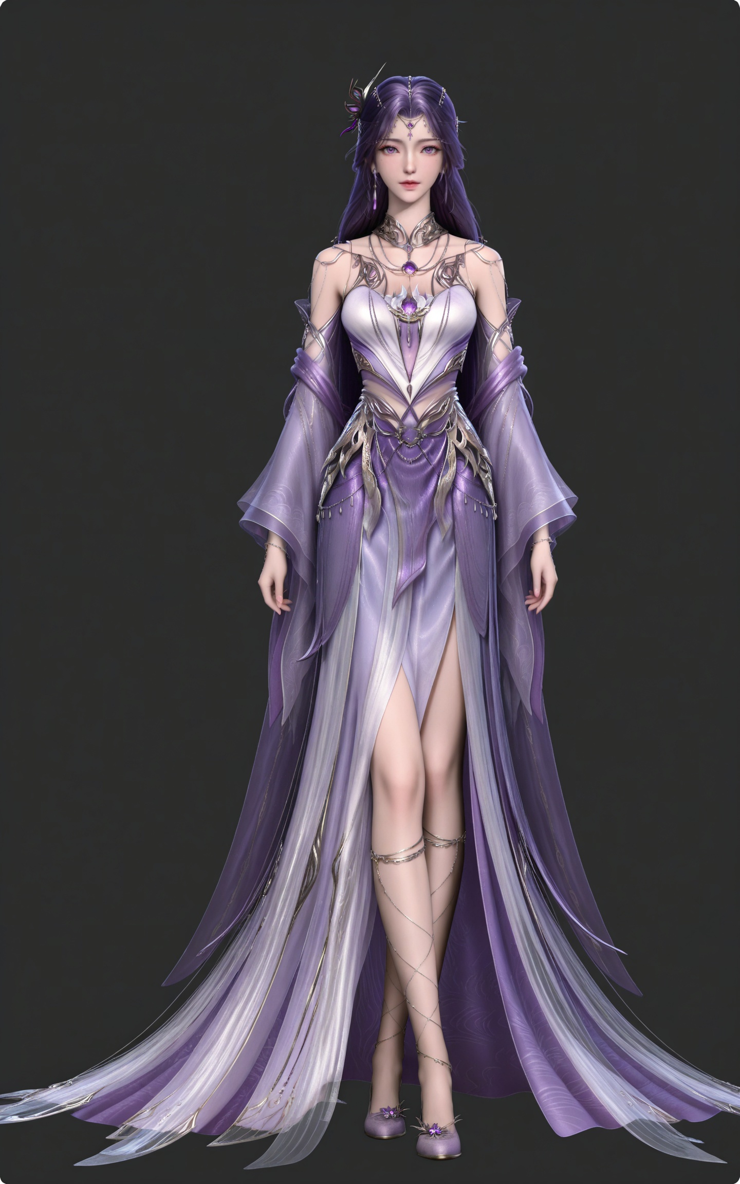 masterpiece,high quality,tall,game cg,highres,(soft light:1.2),(white_skin:0.6),(shiny_skin:0.6),(realistic:1.1),
purple hair,long hair,purple eyes,forehead_jewel,hair_ornament,earrings,necklace,gem,bare shoulders,detached_sleeves,long_sleeves,yunxi purple dress,1girl,solo,jewelry,high_heels,standing,legs,long legs,
black_background,simple background,outdoor,looking at viewer