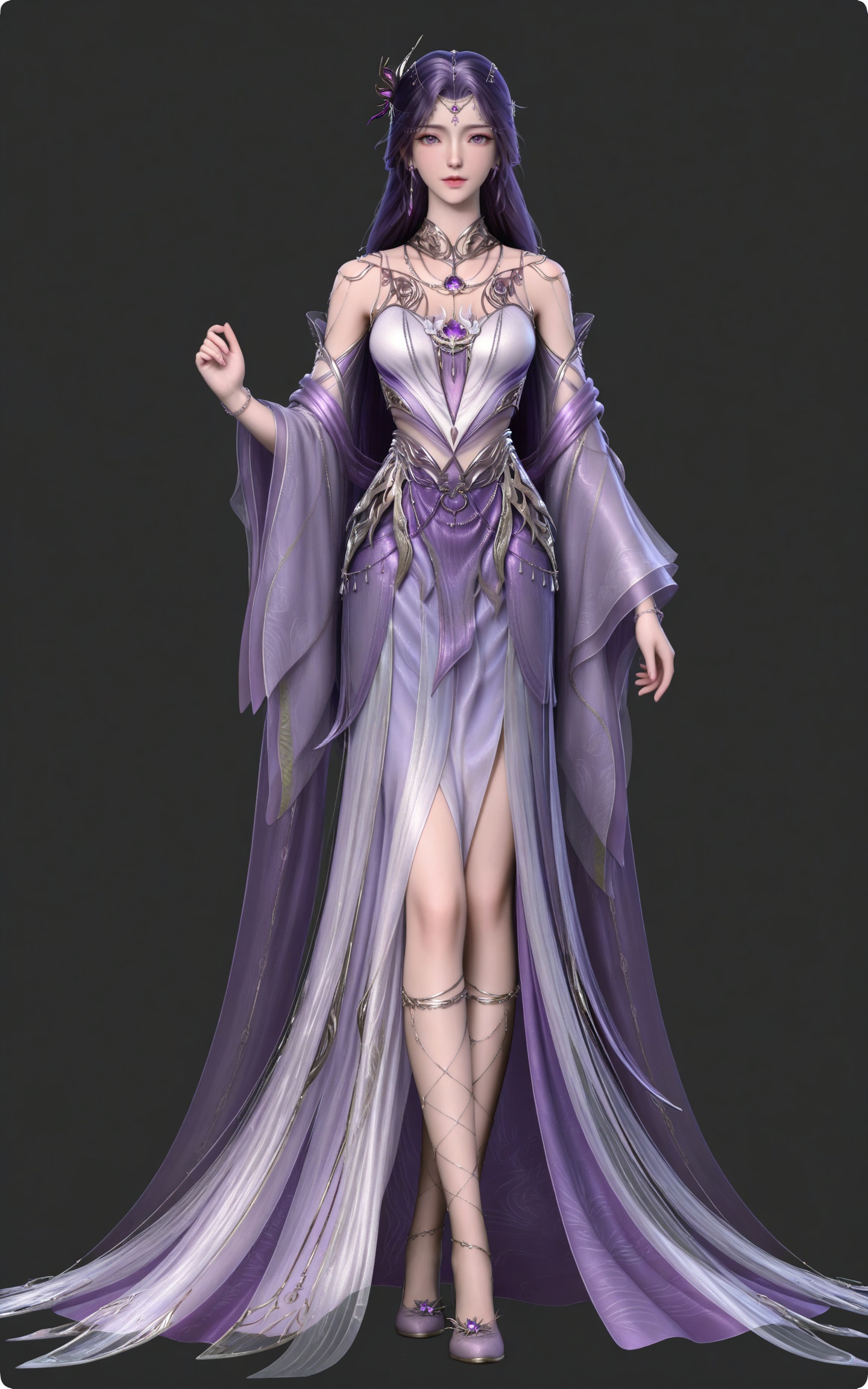 masterpiece,high quality,tall,game cg,highres,(soft light:1.2),(white_skin:0.6),(shiny_skin:0.6),(realistic:1.1),
purple hair,long hair,purple eyes,forehead_jewel,hair_ornament,earrings,necklace,gem,bare shoulders,detached_sleeves,long_sleeves,yunxi purple dress,1girl,solo,jewelry,high_heels,standing,legs,long legs,
black_background,simple background,outdoor,looking at viewer