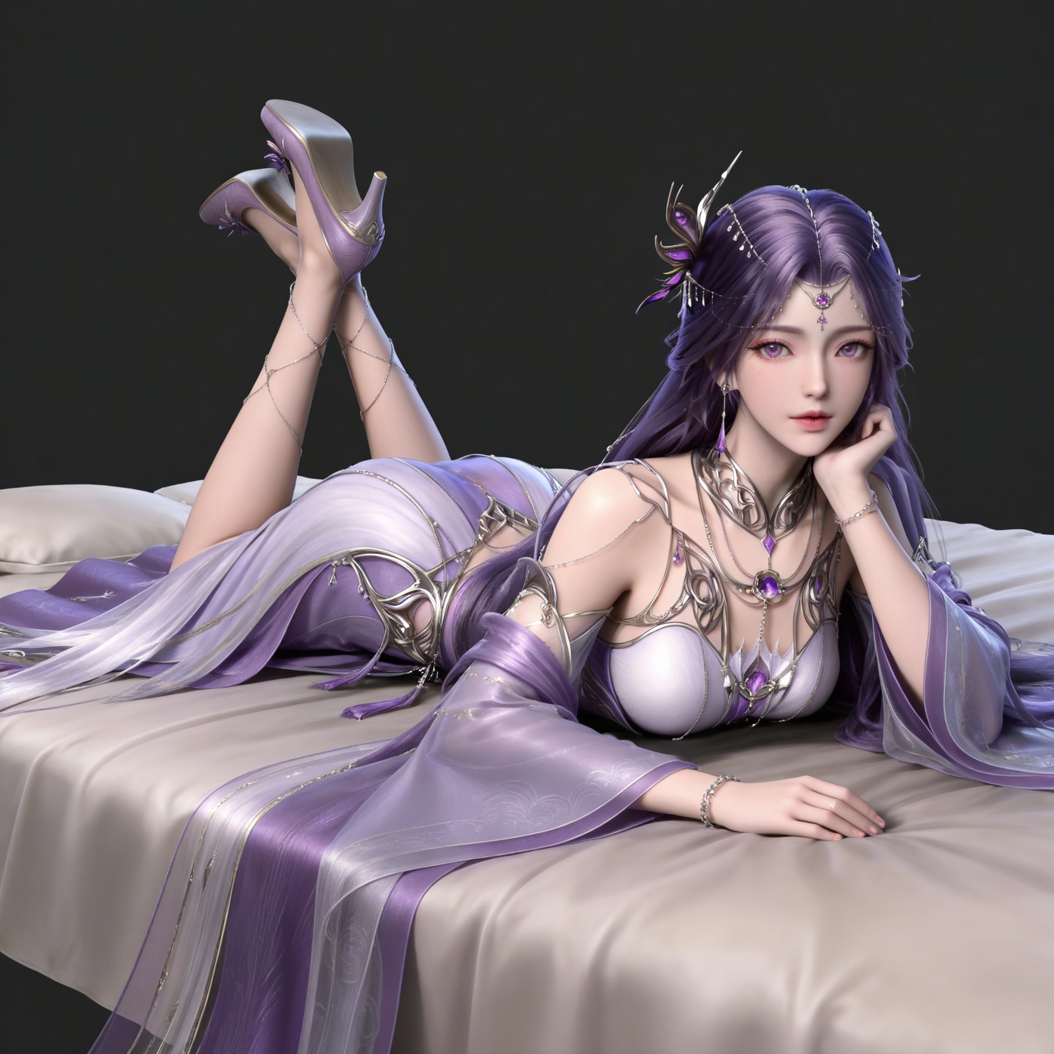 masterpiece,high quality,tall,game cg,highres,(soft light:1.2),(white_skin:0.6),(shiny_skin:0.6),(realistic:1.1),
purple hair,long hair,purple eyes,forehead_jewel,hair_ornament,earrings,necklace,gem,bare shoulders,detached_sleeves,long_sleeves,yunxi purple dress,1girl,solo,jewelry,high_heels,legs,long legs,
black_background,simple background,outdoor,looking at viewer,on stomach,feet up,bed,