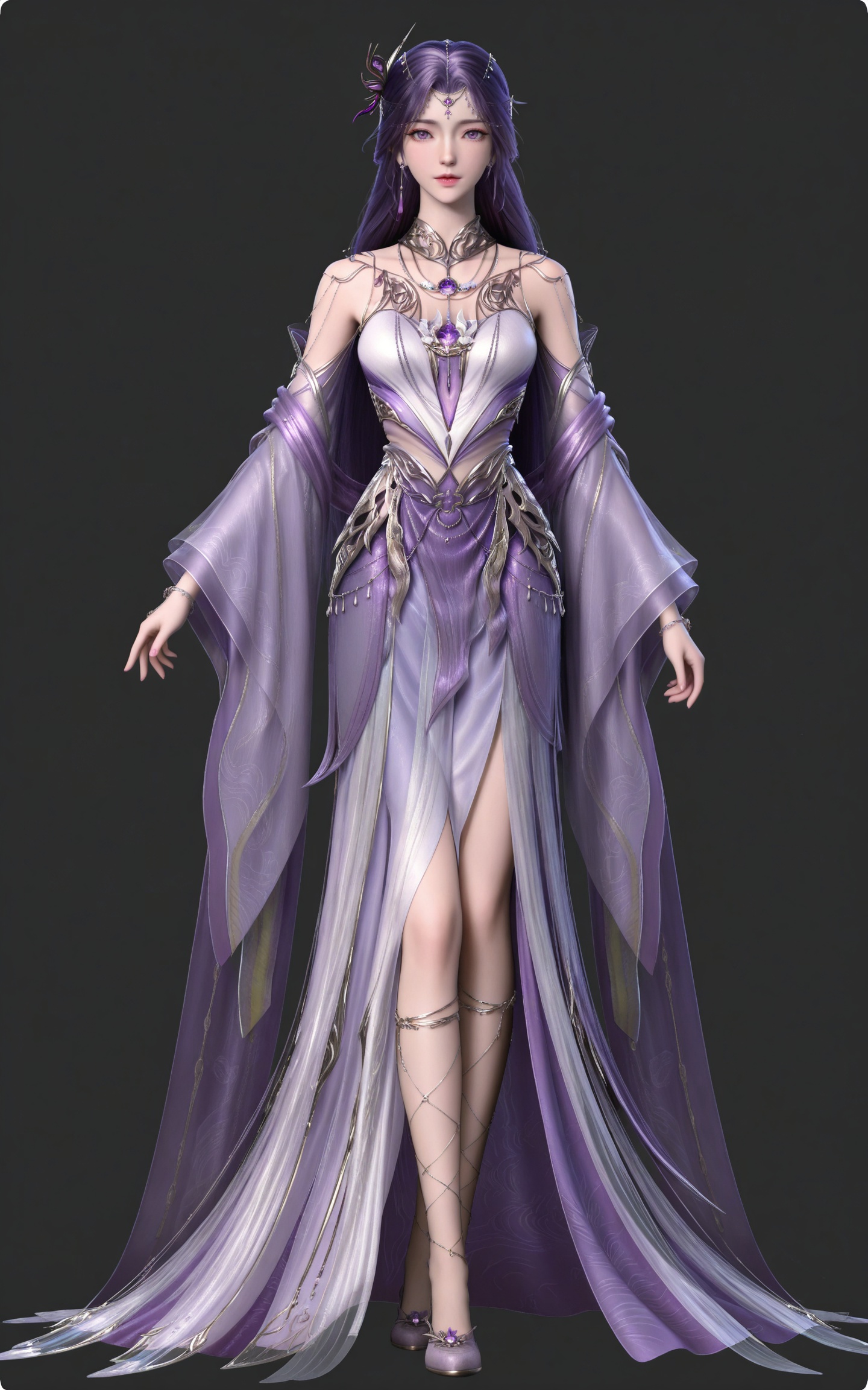 masterpiece,high quality,tall,game cg,highres,(soft light:1.2),(white_skin:0.6),(shiny_skin:0.6),(realistic:1.1),
purple hair,long hair,purple eyes,forehead_jewel,hair_ornament,earrings,necklace,gem,bare shoulders,detached_sleeves,long_sleeves,yunxi purple dress,1girl,solo,jewelry,high_heels,standing,
black_background,simple background,outdoor,looking at viewer