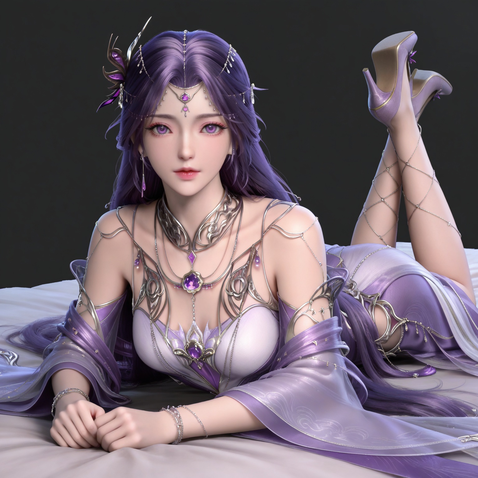 masterpiece,high quality,tall,game cg,highres,(soft light:1.2),(white_skin:0.6),(shiny_skin:0.6),(realistic:1.1),
purple hair,long hair,purple eyes,forehead_jewel,hair_ornament,earrings,necklace,gem,bare shoulders,detached_sleeves,long_sleeves,yunxi purple dress,1girl,solo,jewelry,high_heels,legs,long legs,
black_background,simple background,outdoor,looking at viewer,on stomach,feet up,bed,