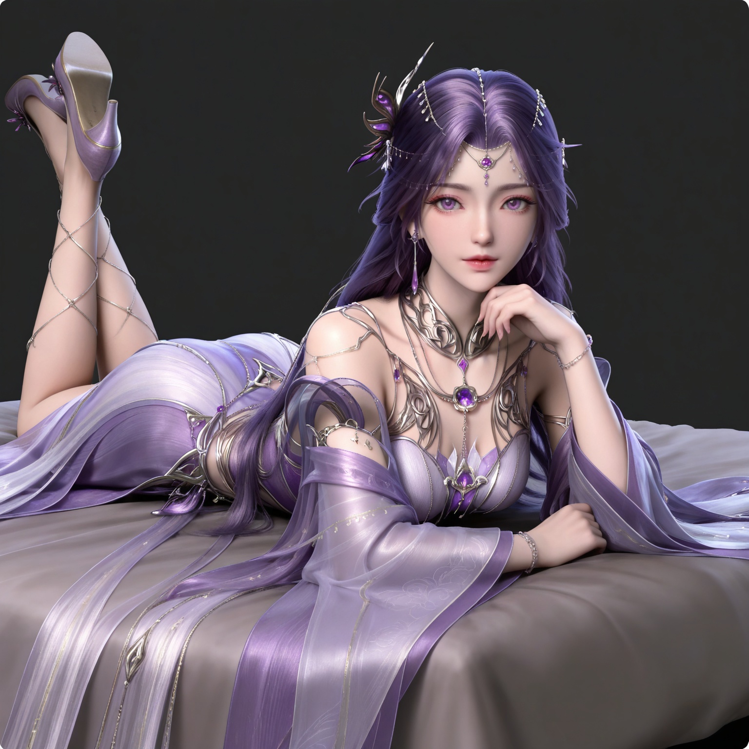 masterpiece,high quality,tall,game cg,highres,(soft light:1.2),(white_skin:0.6),(shiny_skin:0.6),(realistic:1.1),
purple hair,long hair,purple eyes,forehead_jewel,hair_ornament,earrings,necklace,gem,bare shoulders,detached_sleeves,long_sleeves,yunxi purple dress,1girl,solo,jewelry,high_heels,legs,long legs,
black_background,simple background,outdoor,looking at viewer,on stomach,feet up,bed,