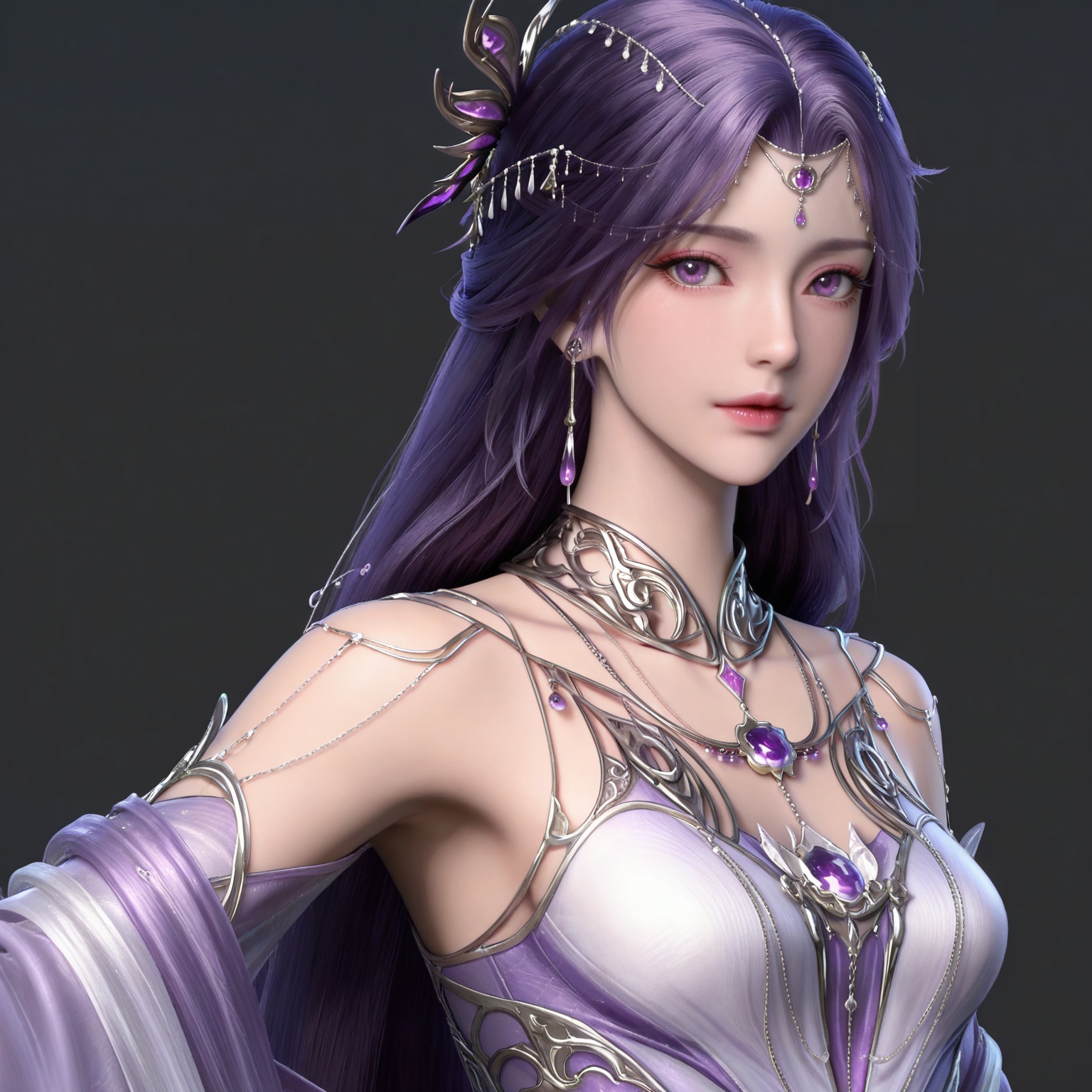 masterpiece,high quality,tall,game cg,highres,(soft light:1.2),(white_skin:0.6),(shiny_skin:0.6),(realistic:1.1),
purple hair,long hair,purple eyes,forehead_jewel,hair_ornament,earrings,necklace,gem,bare shoulders,detached_sleeves,long_sleeves,yunxi purple dress,1girl,solo,jewelry,
black_background,simple background,outdoor,looking at viewer,upper body,