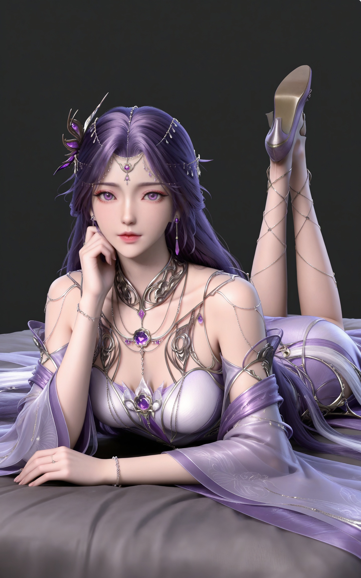 masterpiece,high quality,tall,game cg,highres,(soft light:1.2),(white_skin:0.6),(shiny_skin:0.6),(realistic:1.1),
purple hair,long hair,purple eyes,forehead_jewel,hair_ornament,earrings,necklace,gem,bare shoulders,detached_sleeves,long_sleeves,yunxi purple dress,1girl,solo,jewelry,high_heels,legs,long legs,
black_background,simple background,outdoor,looking at viewer,on stomach,feet up,bed,