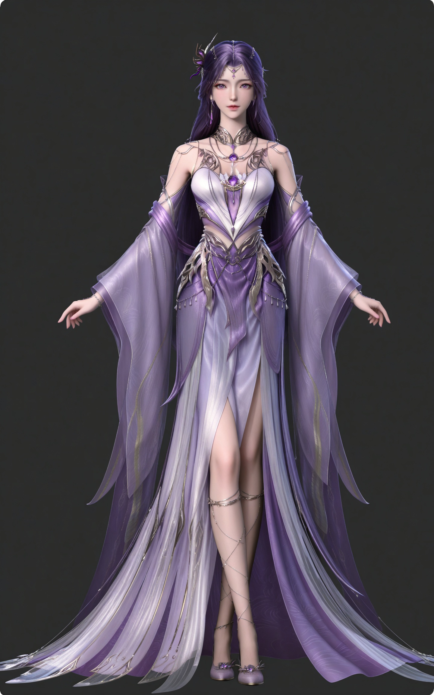 masterpiece,high quality,tall,game cg,highres,(soft light:1.2),(white_skin:0.6),(shiny_skin:0.6),(realistic:1.1),
purple hair,long hair,purple eyes,forehead_jewel,hair_ornament,earrings,necklace,gem,bare shoulders,detached_sleeves,long_sleeves,yunxi purple dress,1girl,solo,jewelry,high_heels,standing,legs,long legs,
black_background,simple background,outdoor,looking at viewer