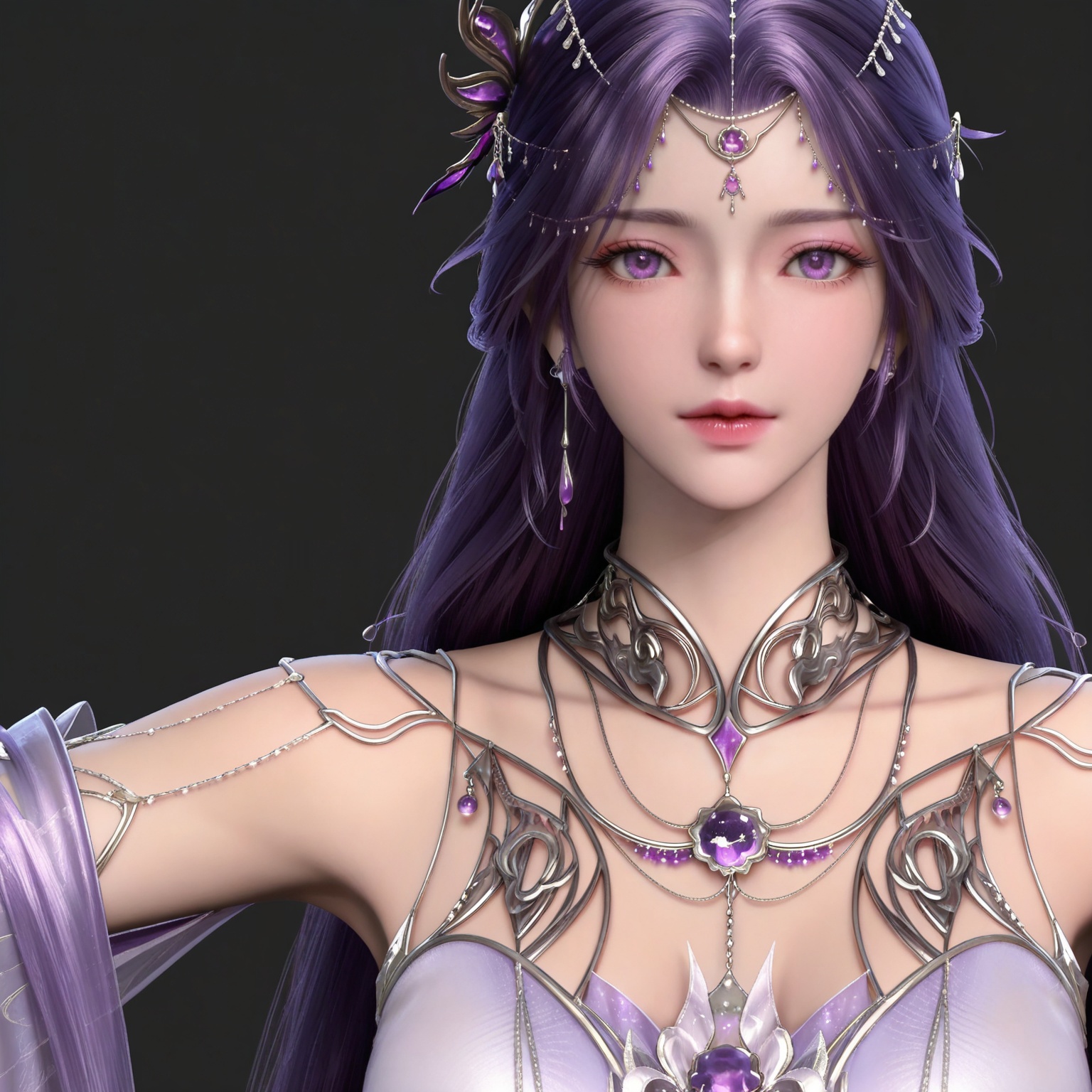 masterpiece,high quality,tall,game cg,highres,(soft light:1.2),(white_skin:0.6),(shiny_skin:0.6),(realistic:1.1),
purple hair,long hair,purple eyes,forehead_jewel,hair_ornament,earrings,necklace,gem,bare shoulders,detached_sleeves,long_sleeves,yunxi purple dress,1girl,solo,jewelry,
black_background,simple background,outdoor,looking at viewer,upper body,