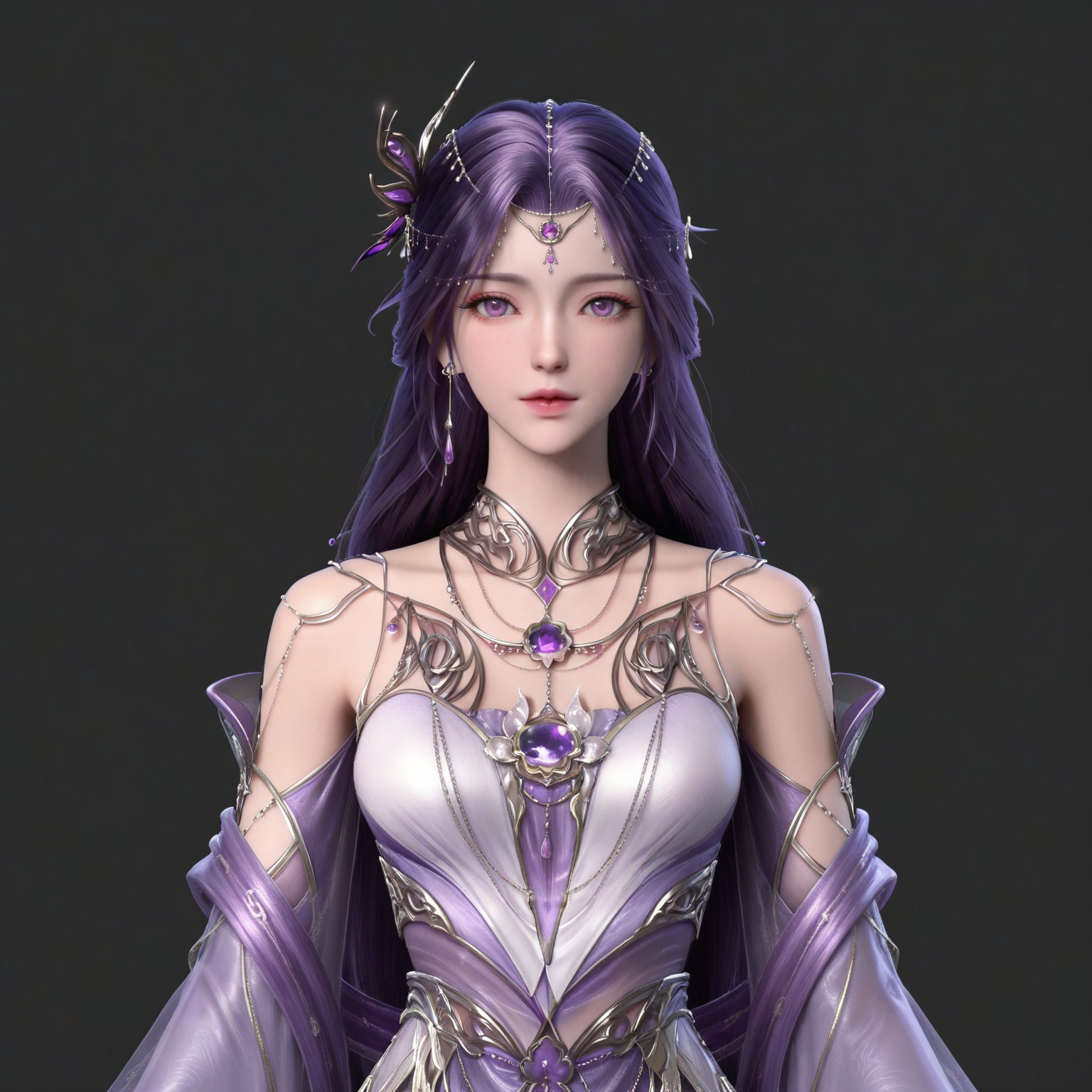 masterpiece,high quality,tall,game cg,highres,(soft light:1.2),(white_skin:0.6),(shiny_skin:0.6),(realistic:1.1),
purple hair,long hair,purple eyes,forehead_jewel,hair_ornament,earrings,necklace,gem,bare shoulders,detached_sleeves,long_sleeves,yunxi purple dress,1girl,solo,jewelry,
black_background,simple background,outdoor,looking at viewer,upper body,