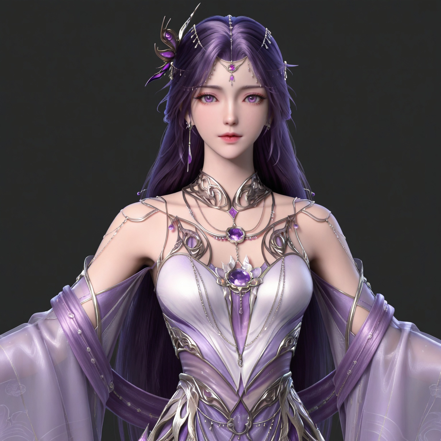masterpiece,high quality,tall,game cg,highres,(soft light:1.2),(white_skin:0.6),(shiny_skin:0.6),(realistic:1.1),
purple hair,long hair,purple eyes,forehead_jewel,hair_ornament,earrings,necklace,gem,bare shoulders,detached_sleeves,long_sleeves,yunxi purple dress,1girl,solo,jewelry,
black_background,simple background,outdoor,looking at viewer,upper body,