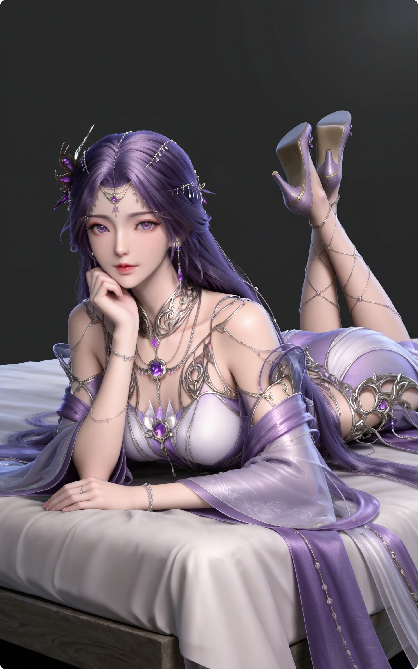 masterpiece,high quality,tall,game cg,highres,(soft light:1.2),(white_skin:0.6),(shiny_skin:0.6),(realistic:1.1),
purple hair,long hair,purple eyes,forehead_jewel,hair_ornament,earrings,necklace,gem,bare shoulders,detached_sleeves,long_sleeves,yunxi purple dress,1girl,solo,jewelry,high_heels,legs,long legs,
black_background,simple background,outdoor,looking at viewer,on stomach,feet up,bed,